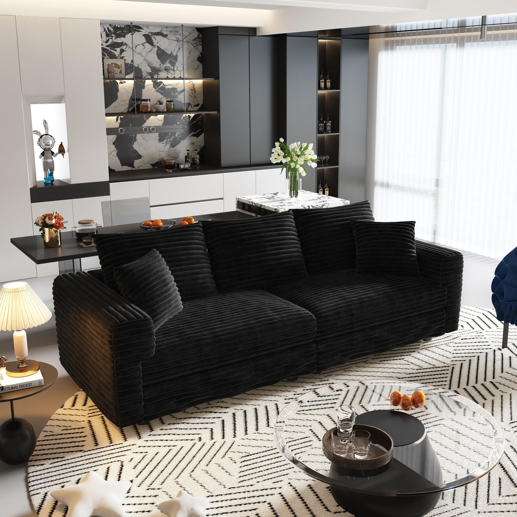 Deep Seat Convertible Sofa With Soft Pillows And Ottomans