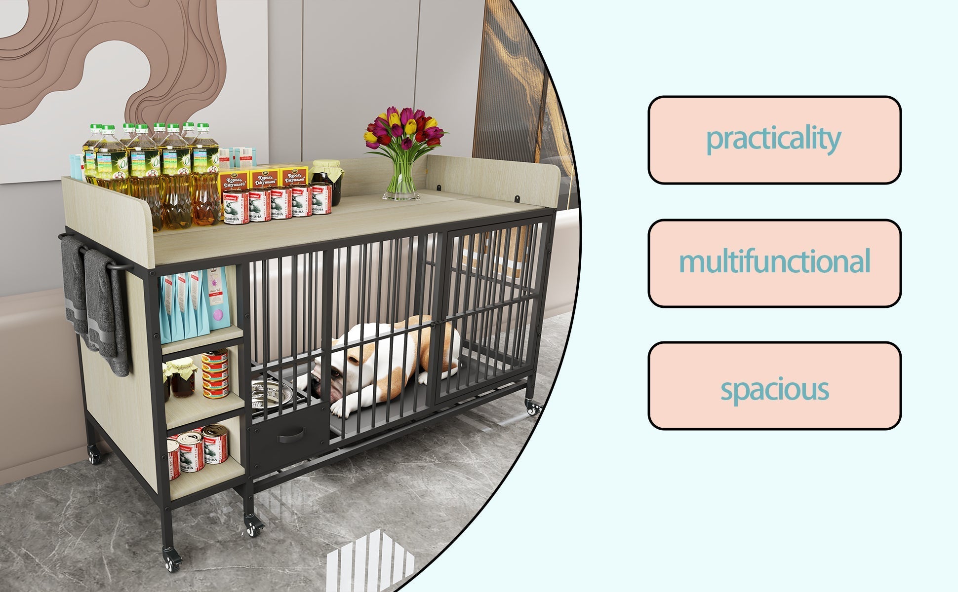 Large Pet Cage with Storage Rack Black and Beige