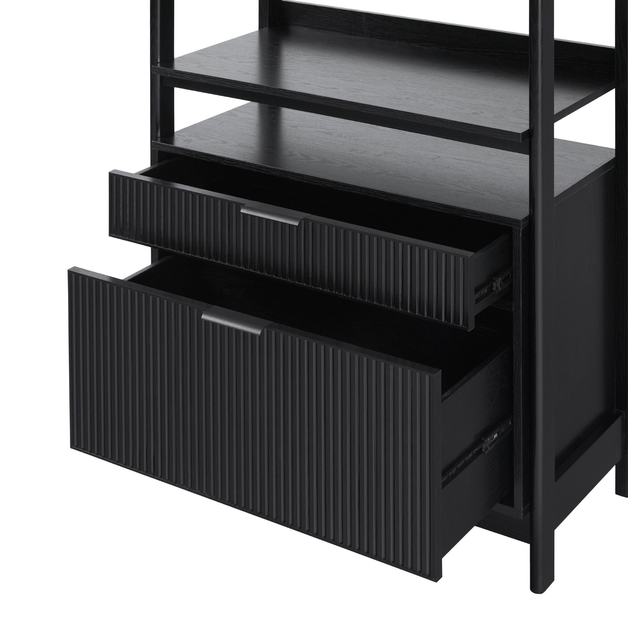 Transitional Wide Reeded Bookshelf With Drawers On Bottom