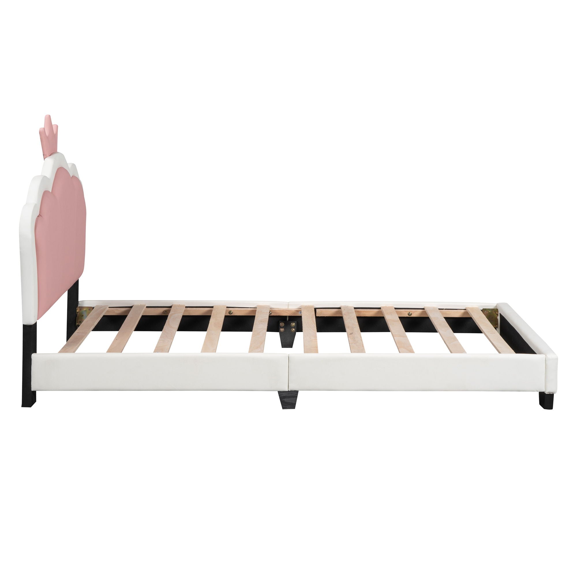 Twin Size Upholstered Princess Bed & Crown Headboard, Platform Bed With Headboard And Footboard - White / Pink
