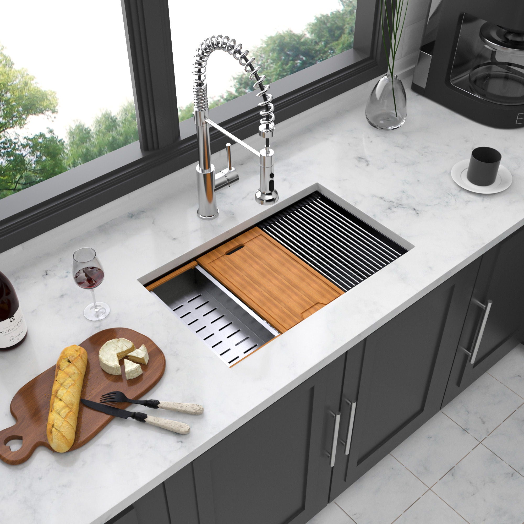 Gunmetal Black Workstation Kitchen Sink 23X18X10" Single Bowl Undermount Stainless Steel 16 Gauge With Cutting Board And Accessories