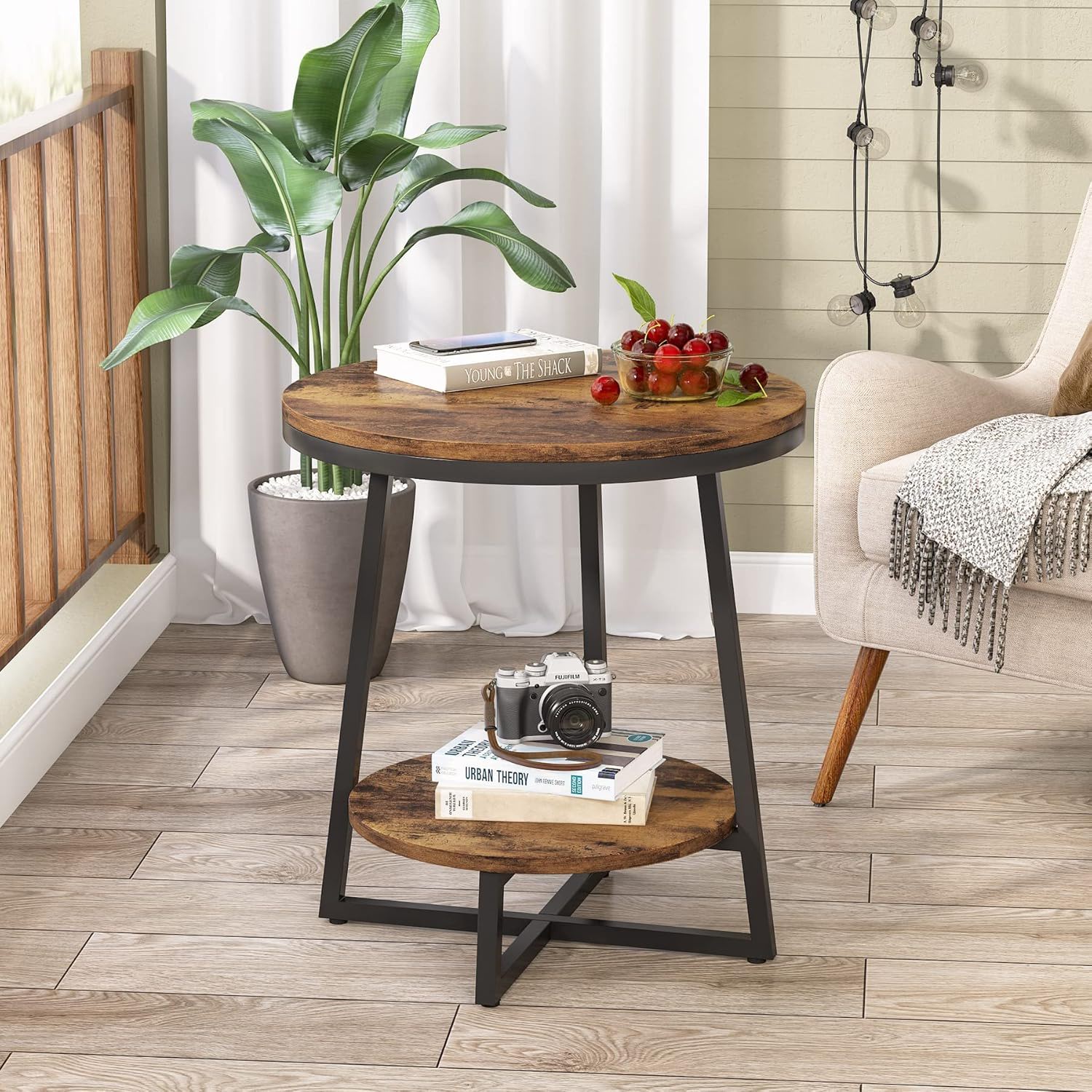 Round End Table With Hairpin Legs, 2 Tier For Living Room - Rustic Brown