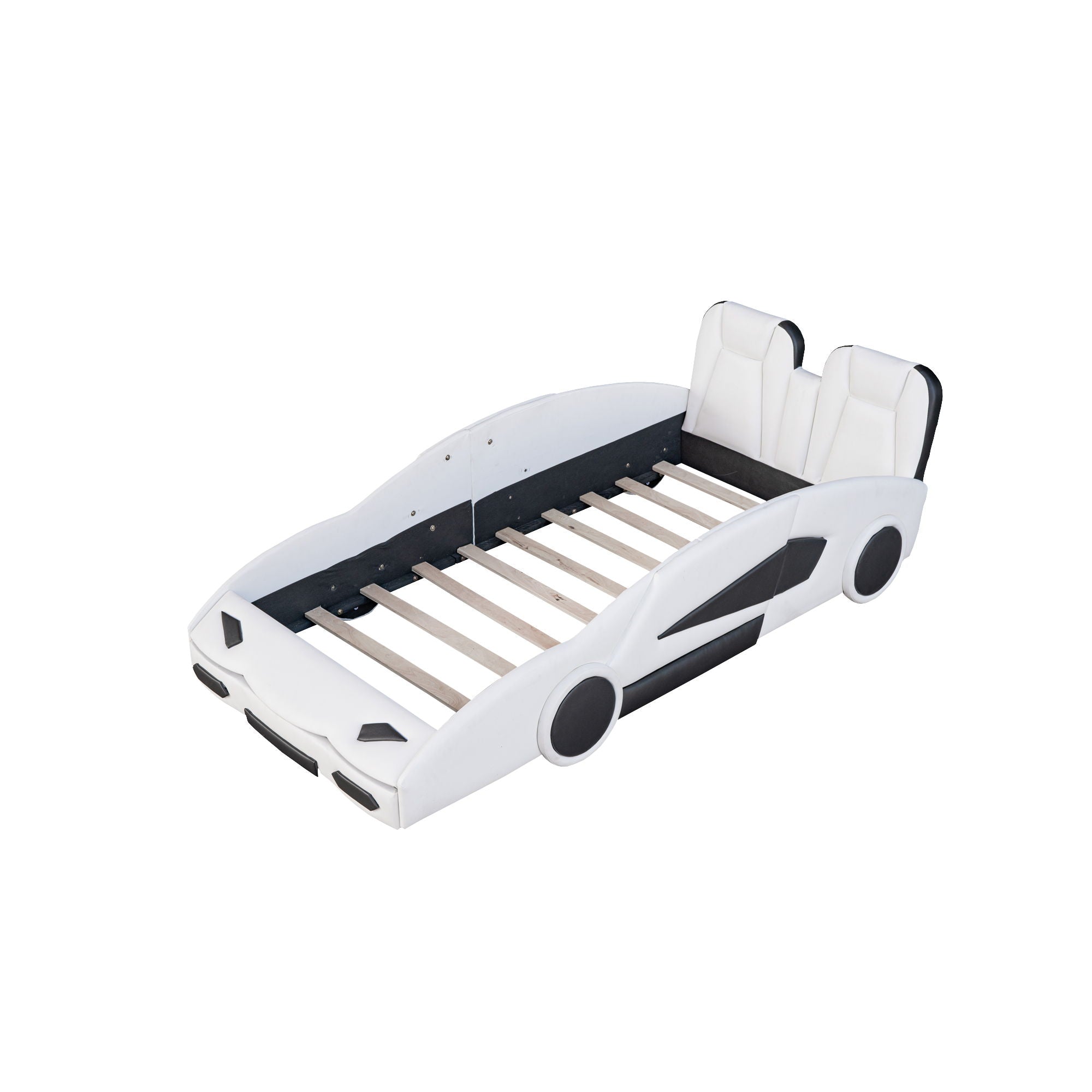 Race Car Shaped Twin Platform Bed With Wheels, Pine Wood Construction