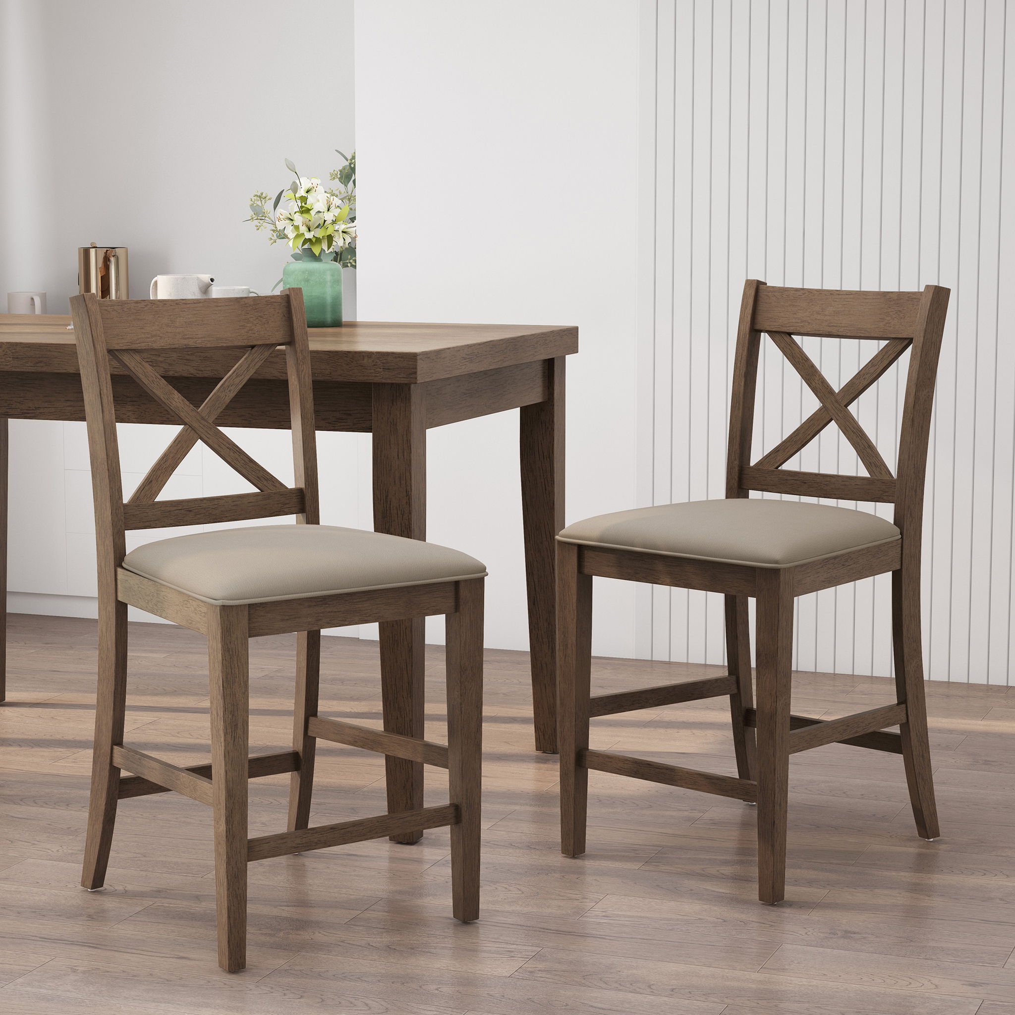 Farmhouse Style Counter Height Chair With Upholstered Seat