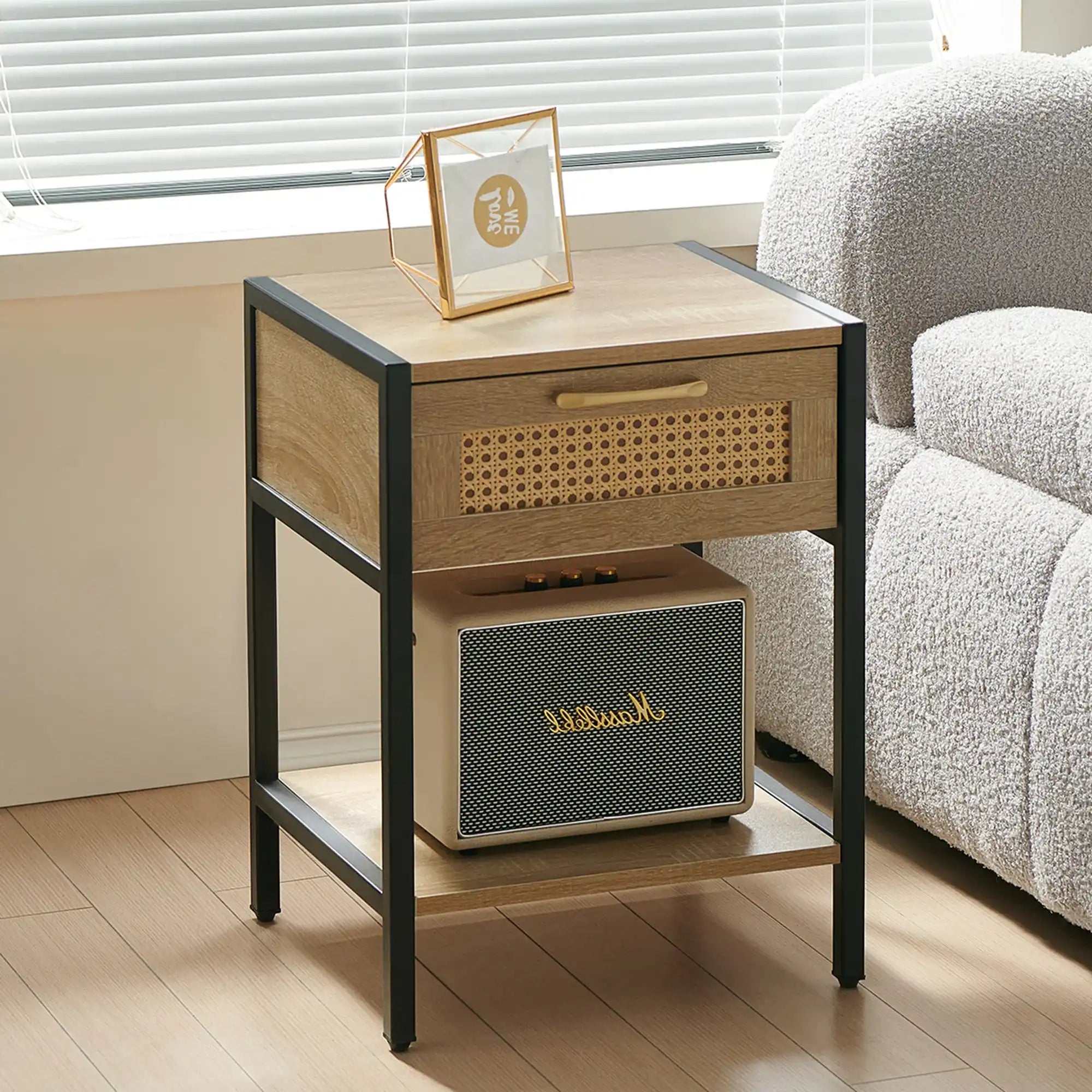 Rustic Rattan Nightstand with Drawer