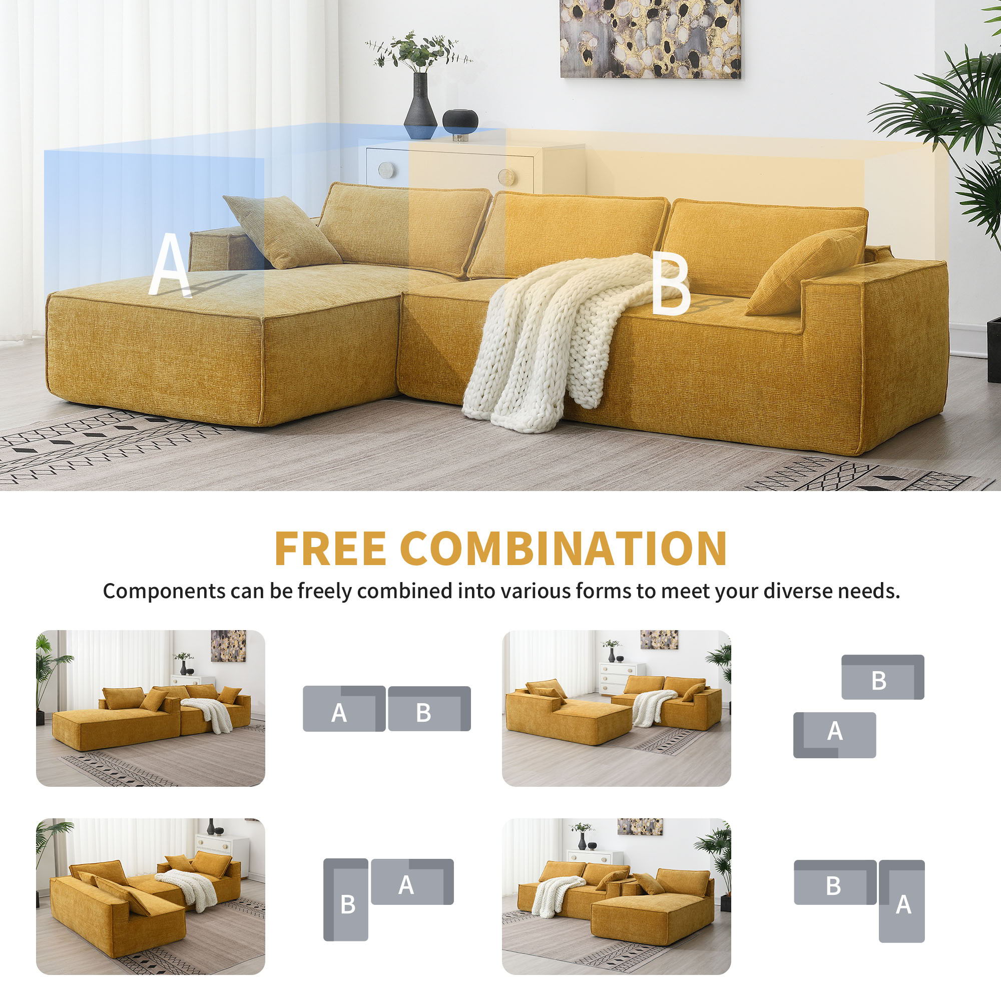 Free Combination Minimalist Style Modular Sectional, Wrinkle Resistant Couch Set L Shaped Compressed Sofa For Living Room