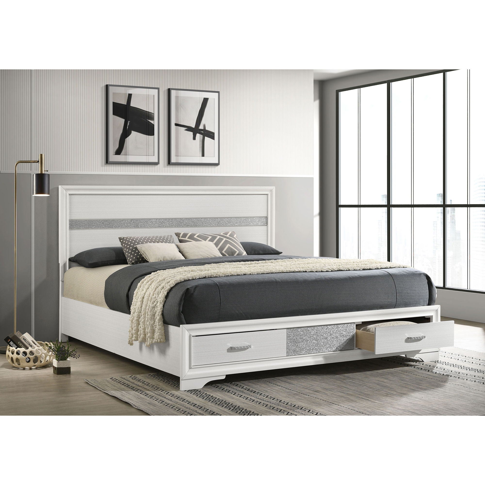 California King Storage Platform Bed With 2 Drawer - White