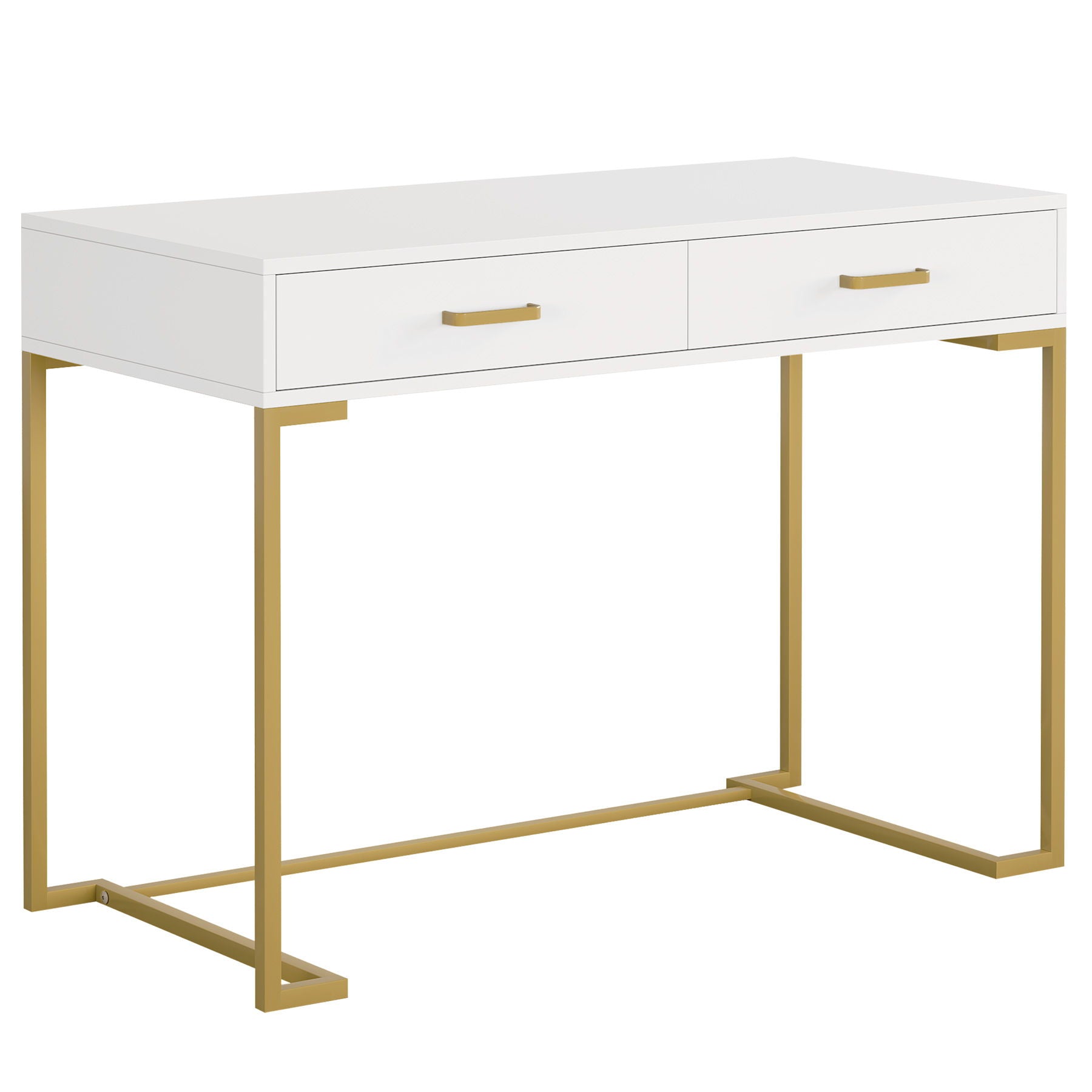 Minimalist Home Office Computer Desk With 2 Drawers, Compact Writing Table For Small Spaces - White / Gold