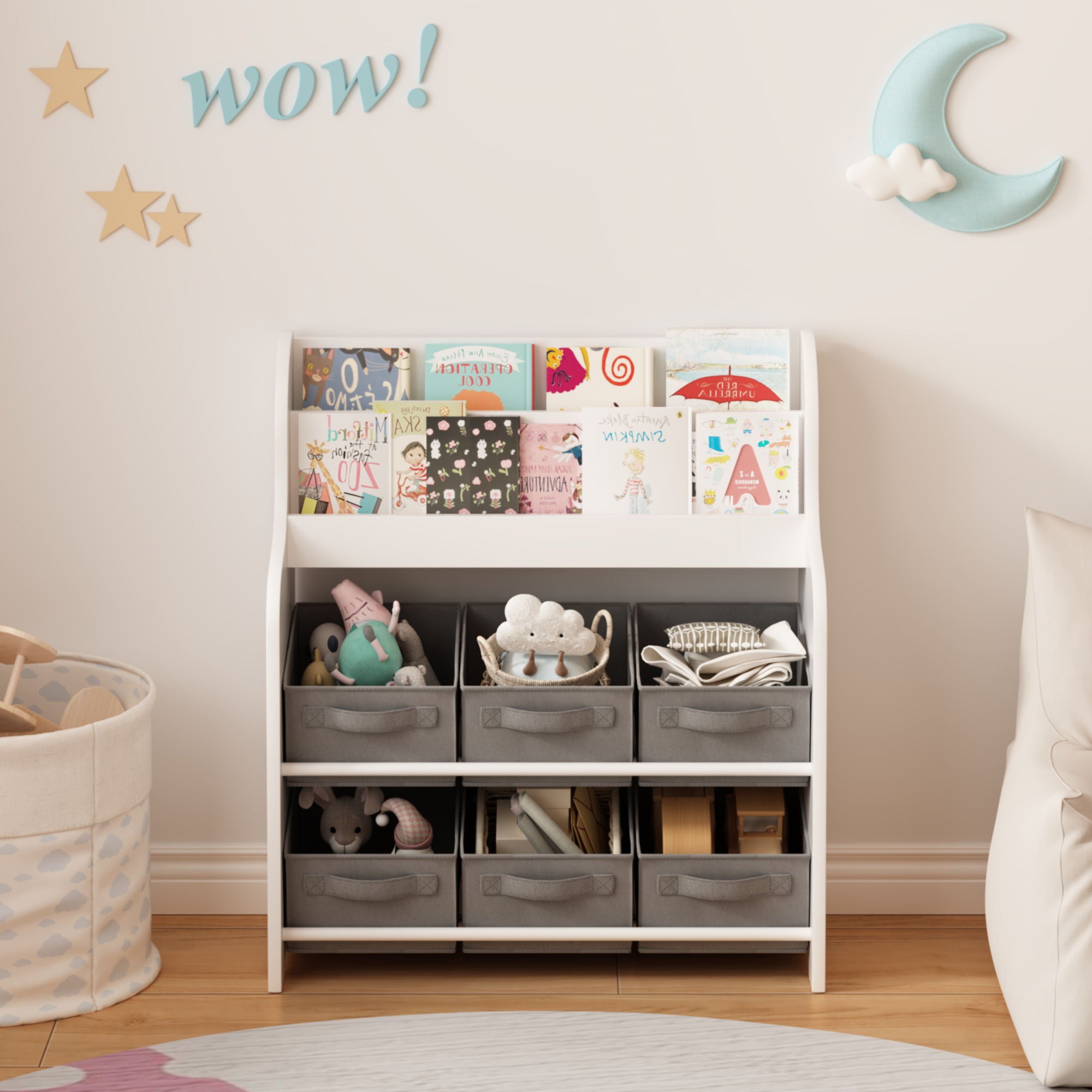 Bookshelf With 6 Storage Bins, Multi Functional Children's Bookcase And Toy Organizer - White