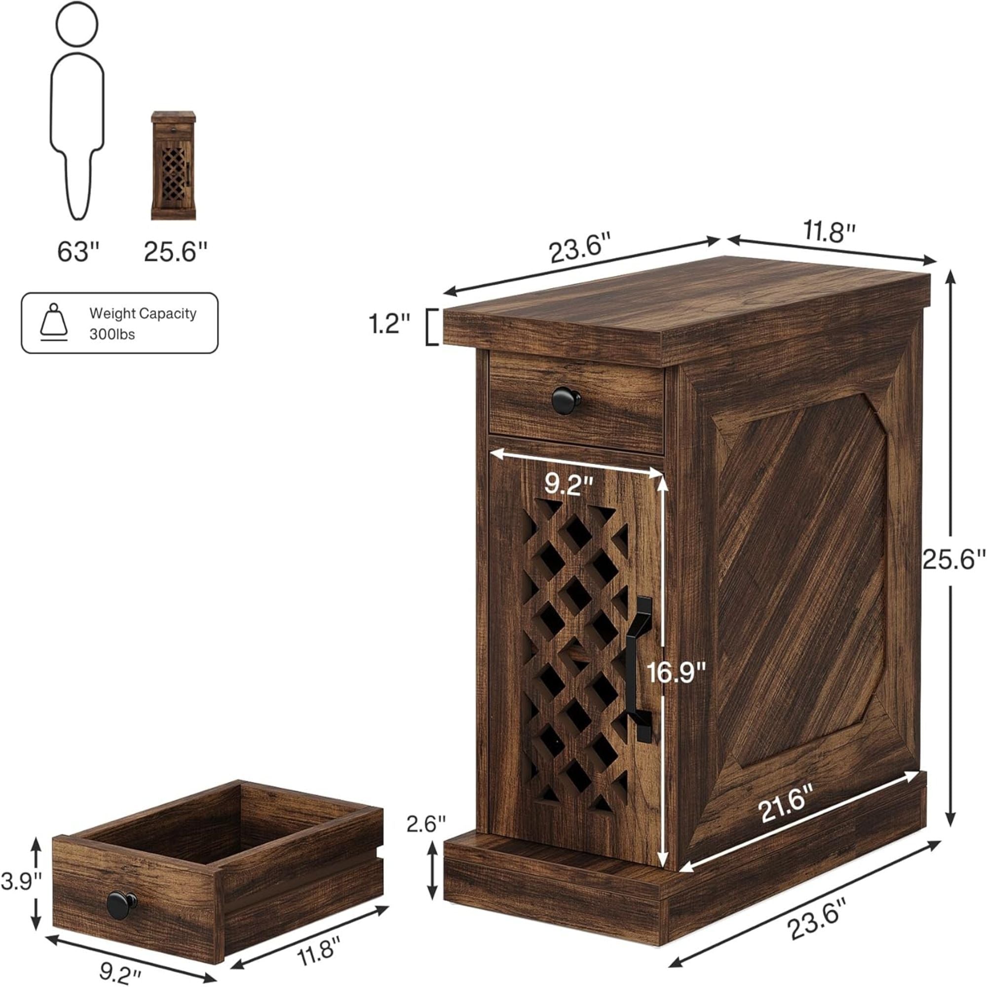 Narrow End Table With Drawer & Cabinet, Nightstand For Small Spaces - Brown