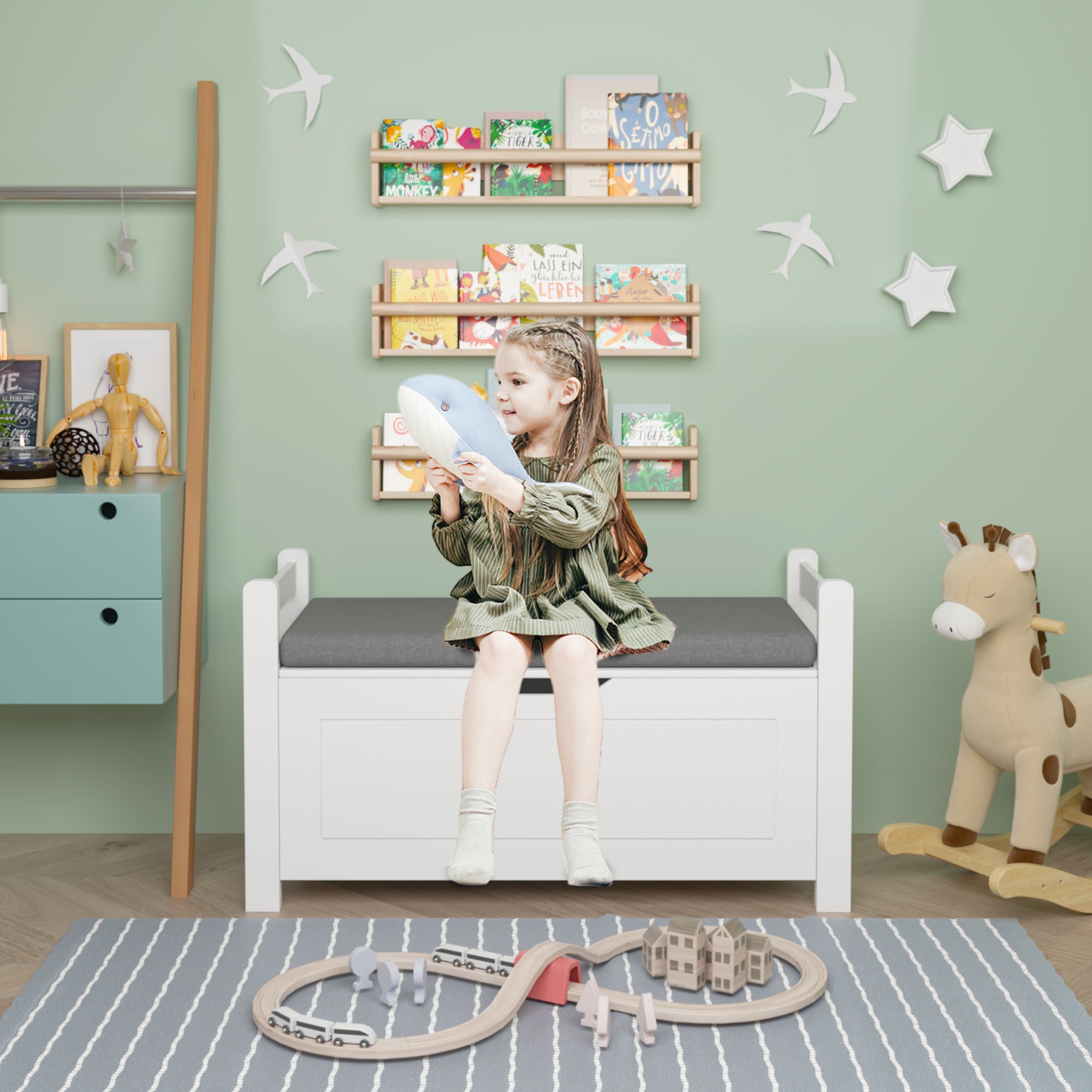 Kids Toy Box Chest Storage Cabinet With Cushion Seat Bench Flip Top Lid Safety Hinge - White