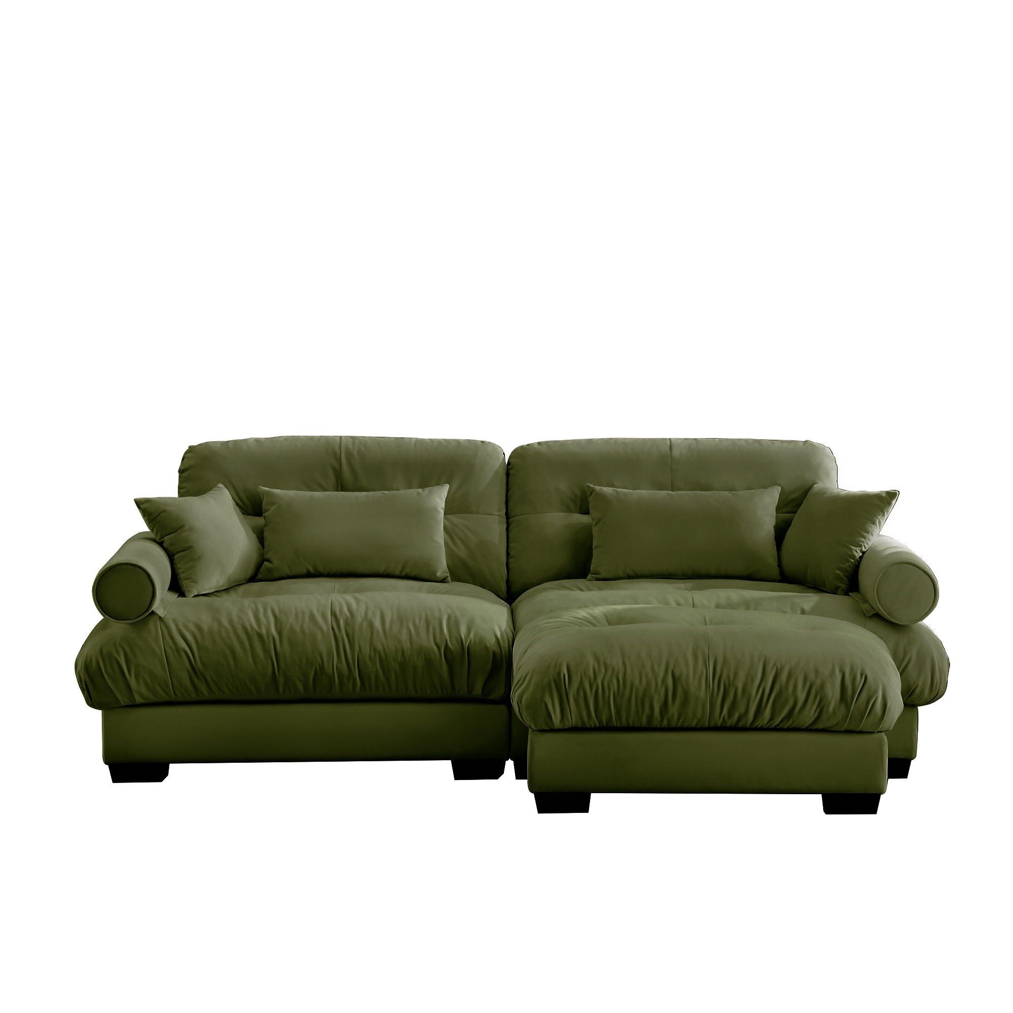 Modern Sectional Sofa With Ottoman, Round Bolster Armrests, Waist And Throw Pillows
