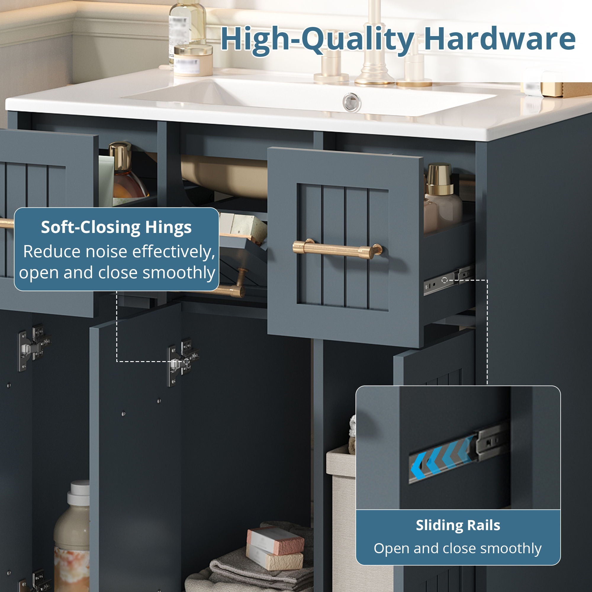 Bathroom Vanity With Undermount Sink, Soft-Close Doors, Drawers, Ceramic Sink