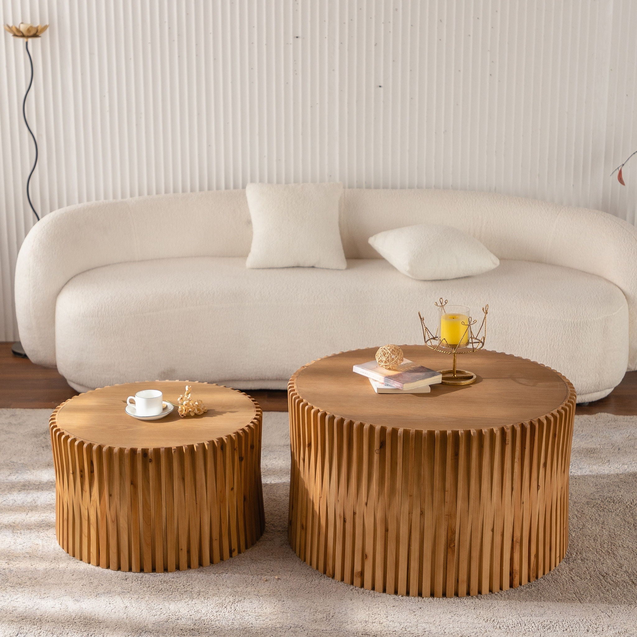 Cylindrical Coffee Table With Vertical Texture Relief