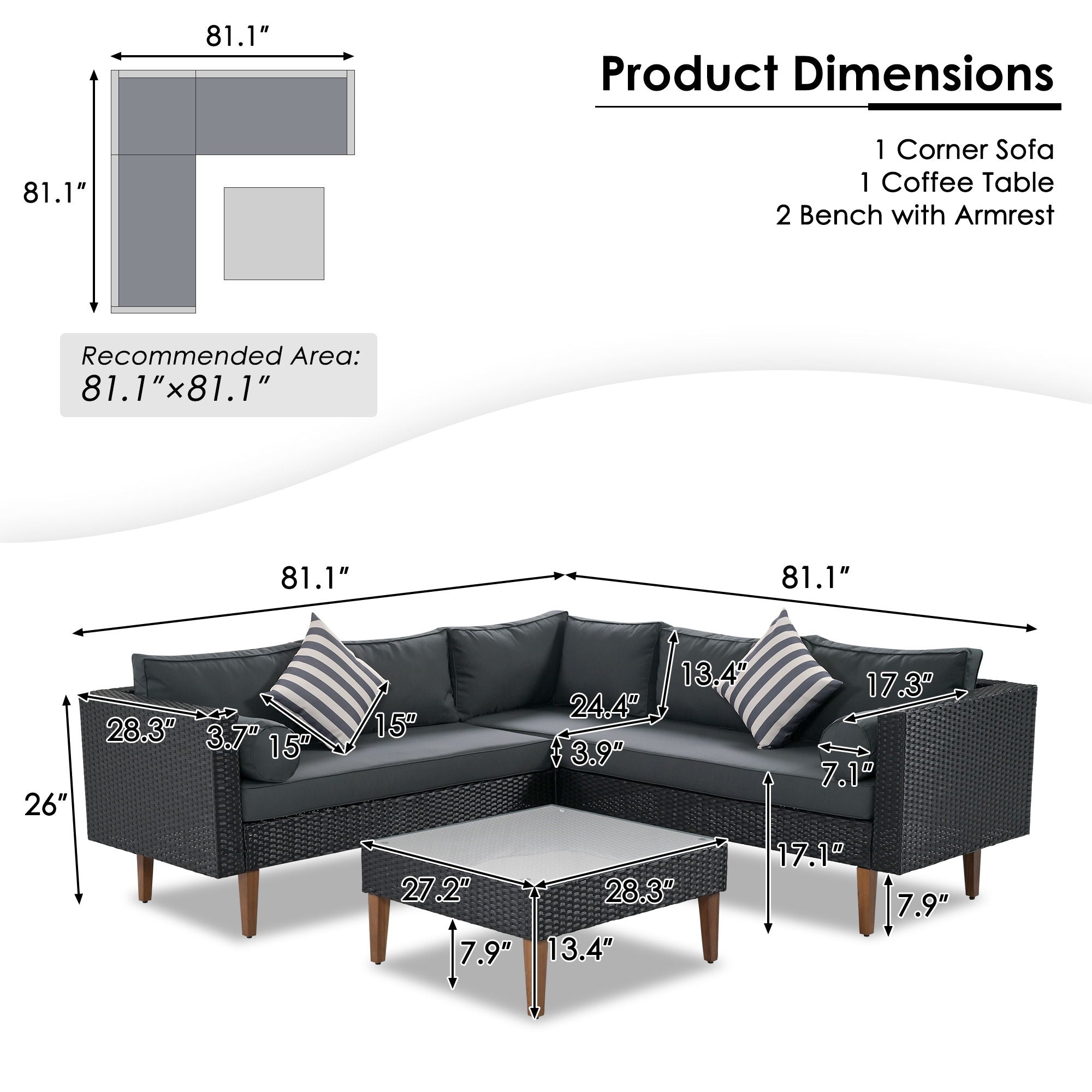 4 Pieces Outdoor Wicker L-Shape Sofa Set