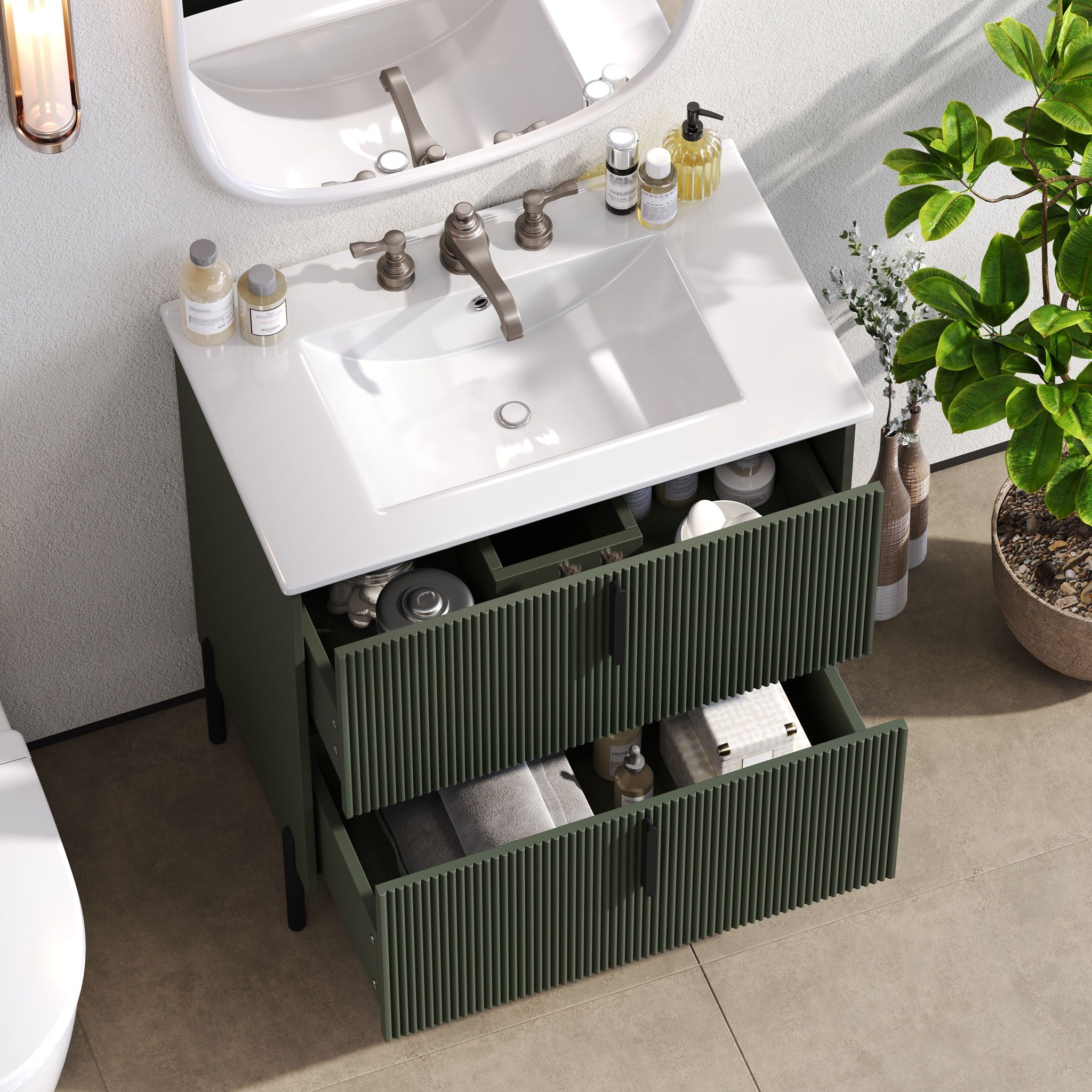 Bathroom Vanity With Ceramic Sink, Fluted Design
