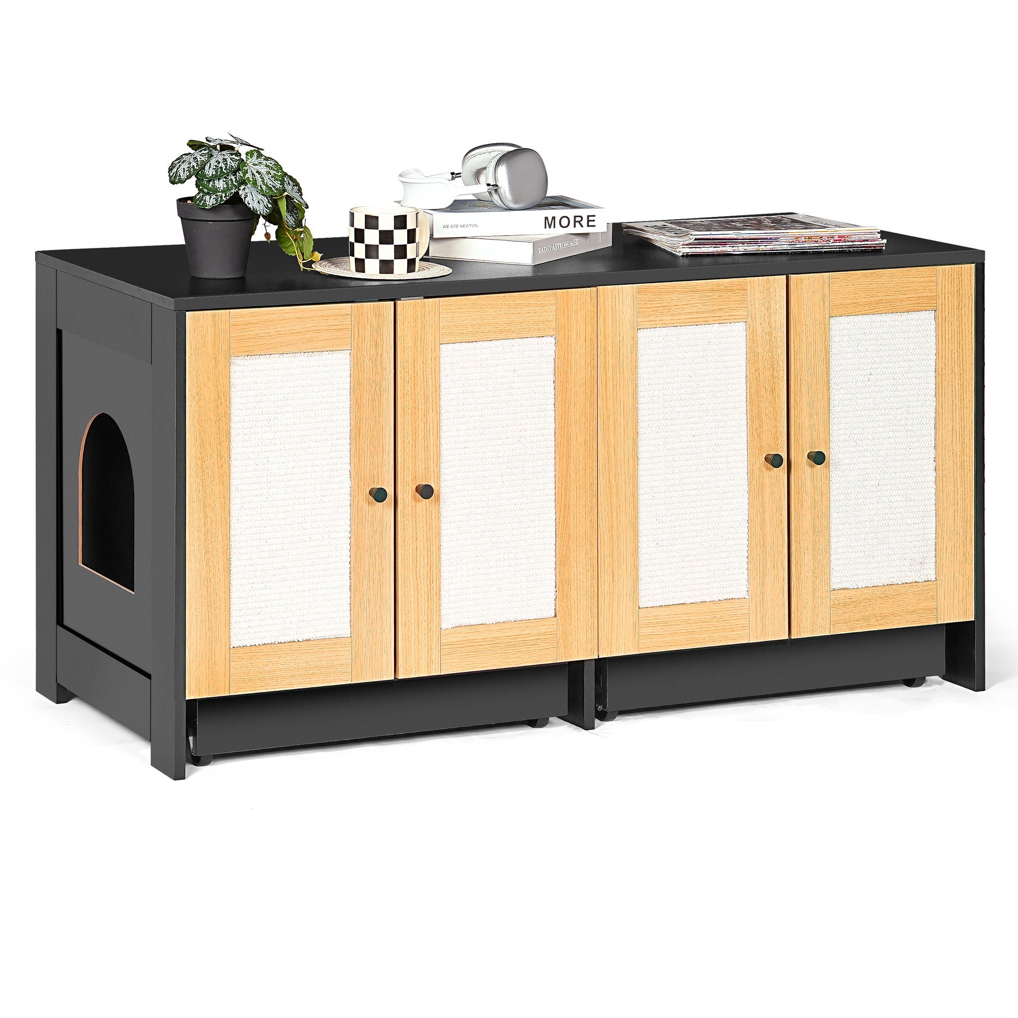 Double Litter Box Enclosure, Cat Litter Box Enclosure For 2 Cats, Hidden Litter Box Furniture With Rattan Doors - Black - Best Buy Furniture