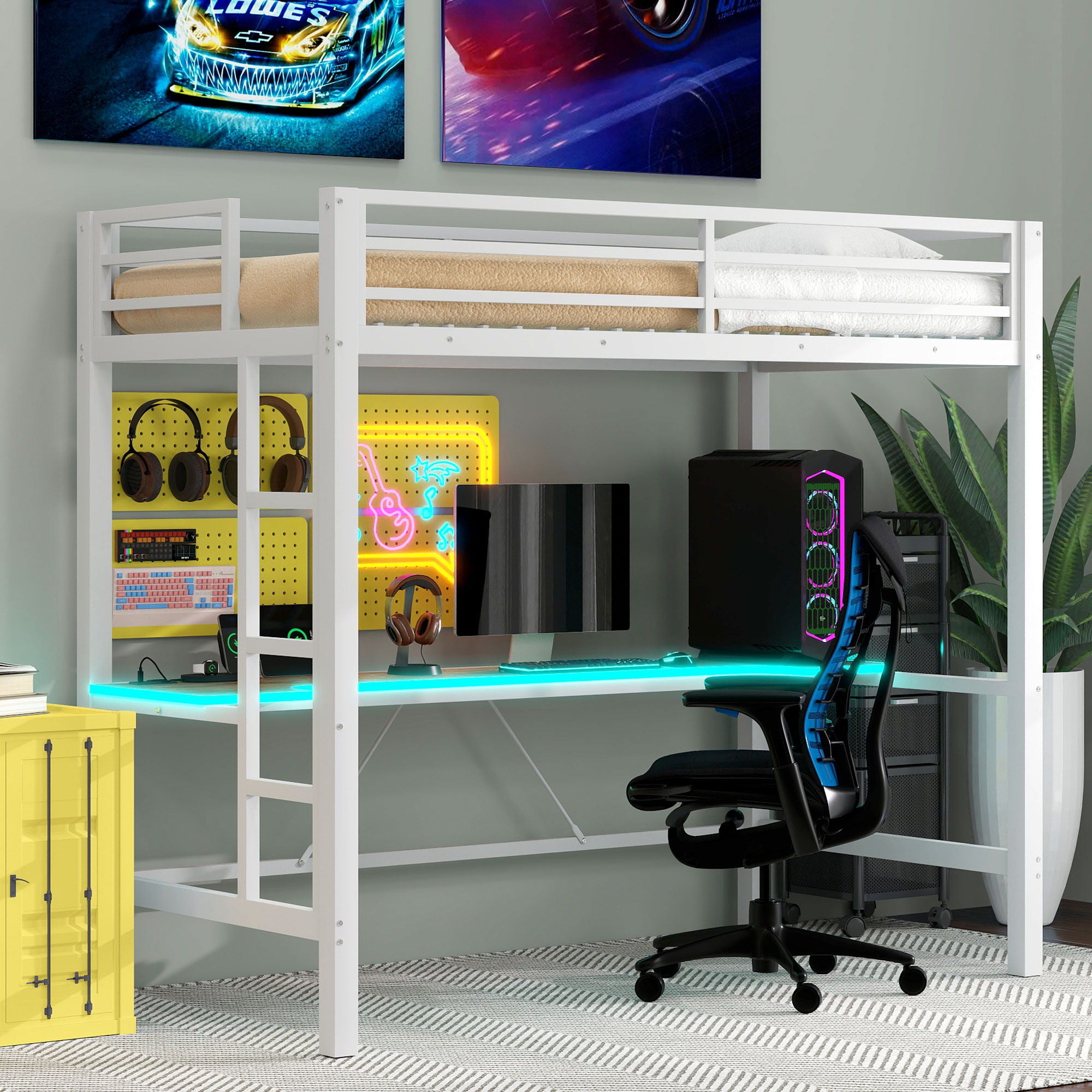 Gaming Metal Loft Bed Frame With LED Light, USB Charge Station And Desk