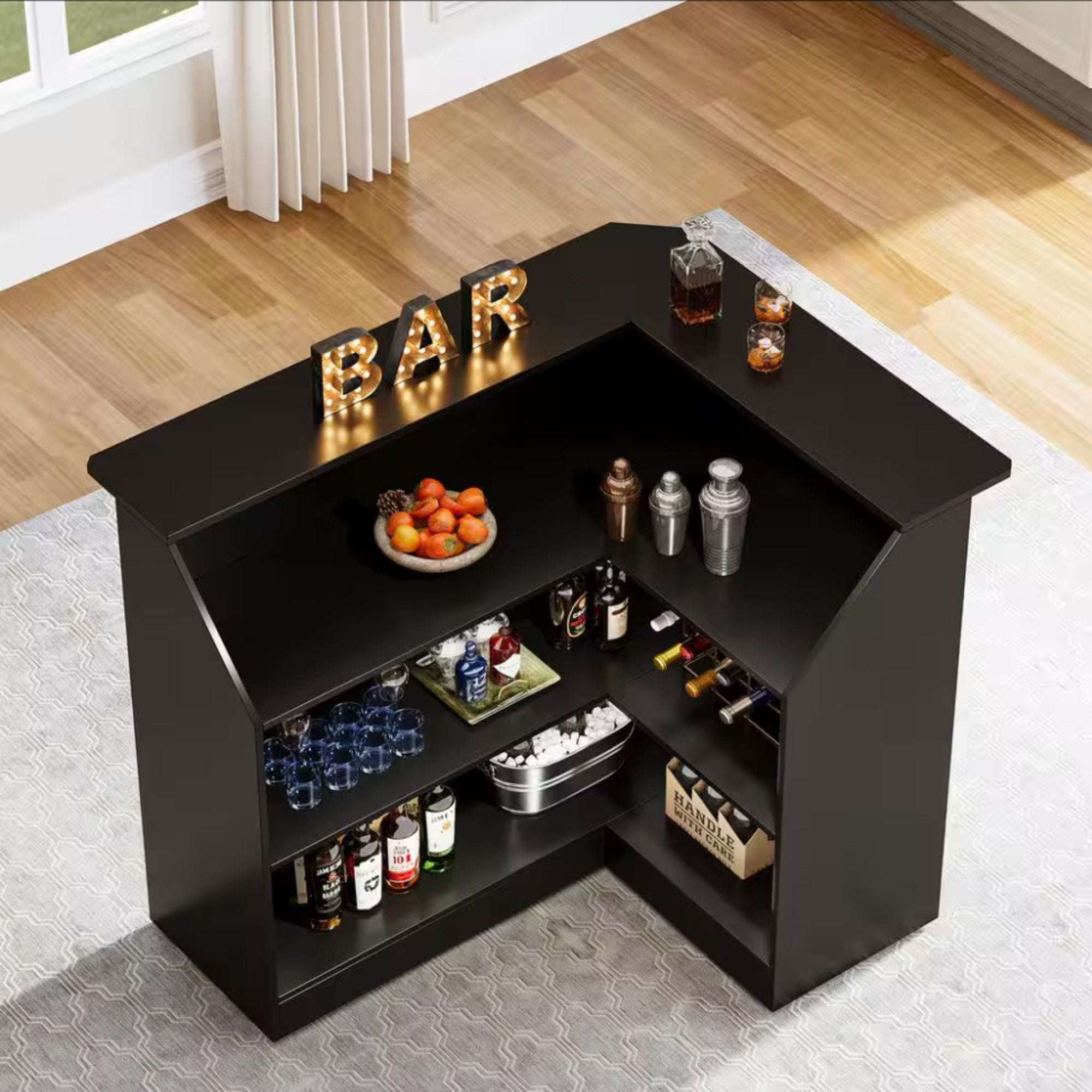 L-Shaped Home Bar Cabinet With Stemware Racks, 4 Tier Corner Unit, Liquor Wine Bar Table & Reception Desk For Home Pub - Black