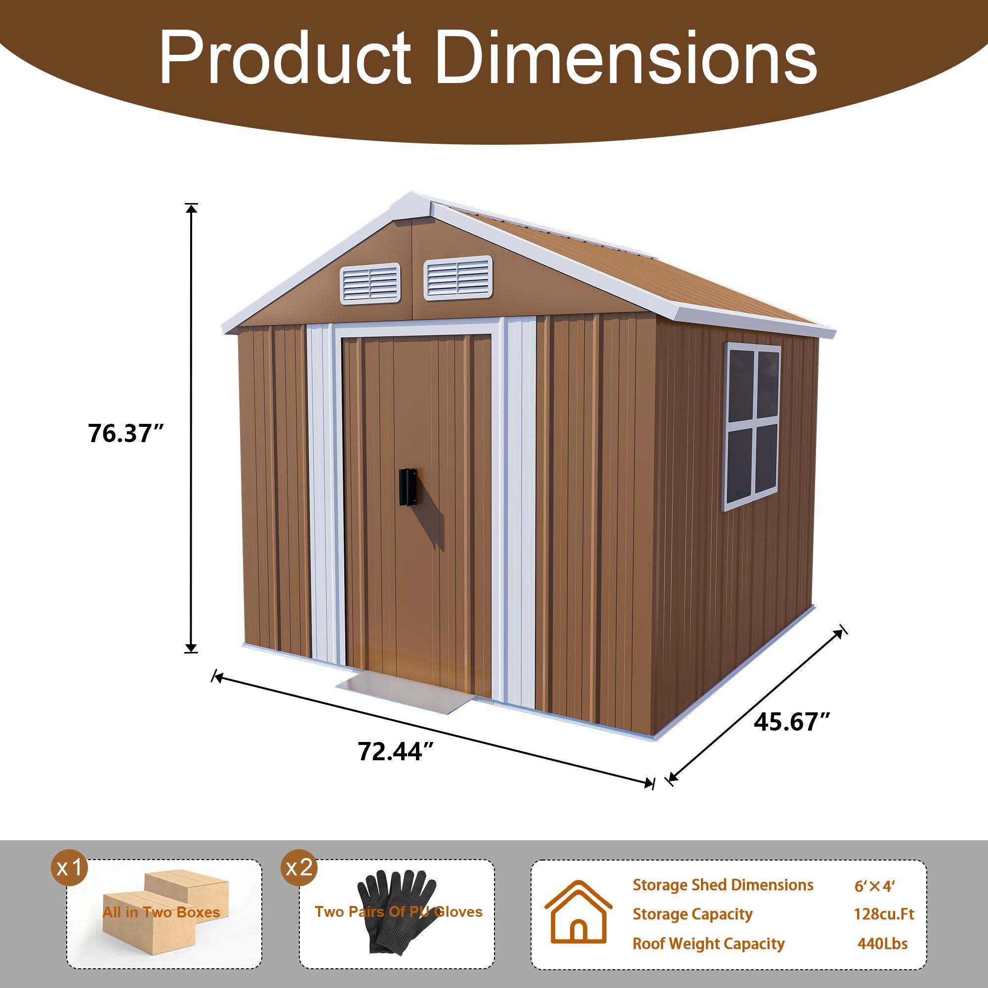 Heavy Duty Metal Storage Shed With Windows, Lockable Door & Ventilation Weatherproof Outdoor Garden Shed Iron - Brown