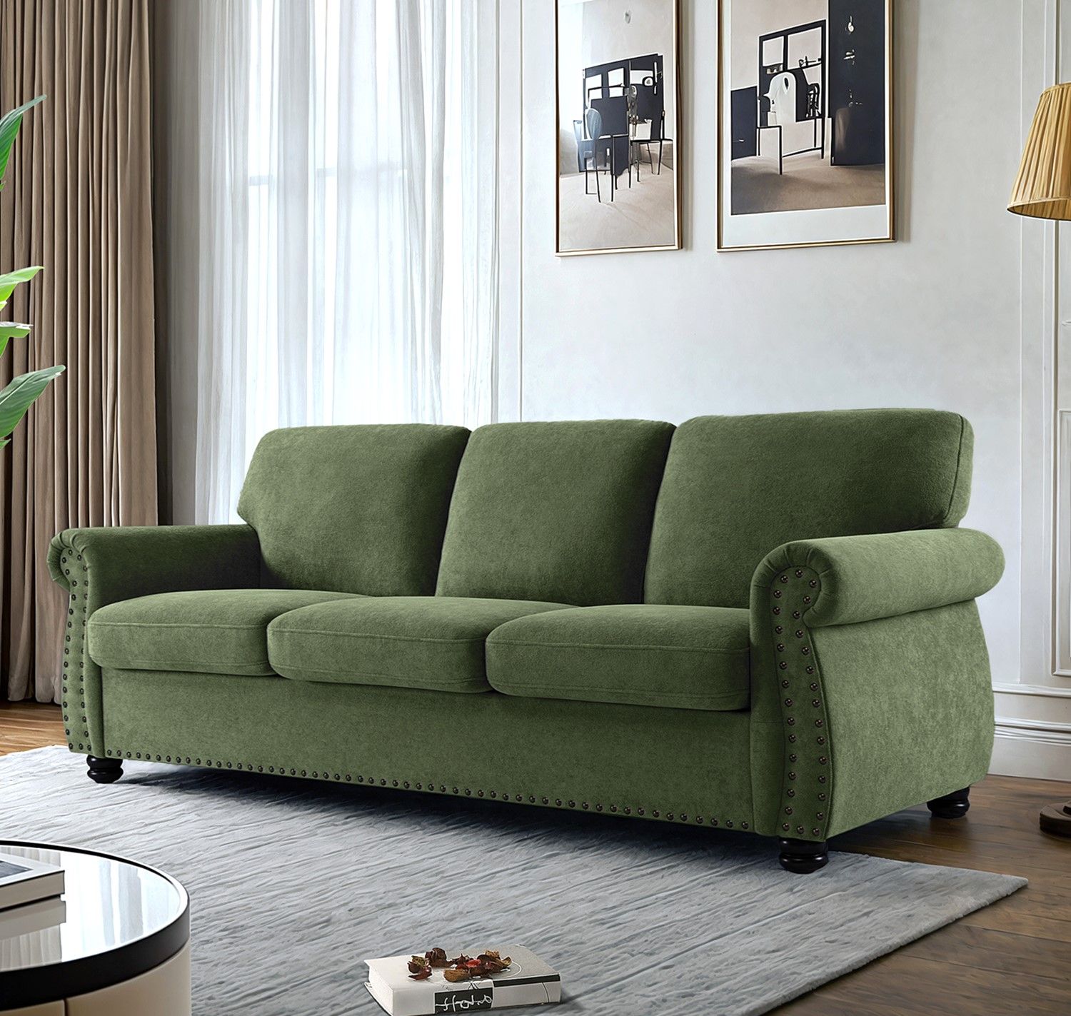 Soft Sofa, Upholstered 3 Seater Couch With High Density Foam, Loose Back Cushions And Turned Legs