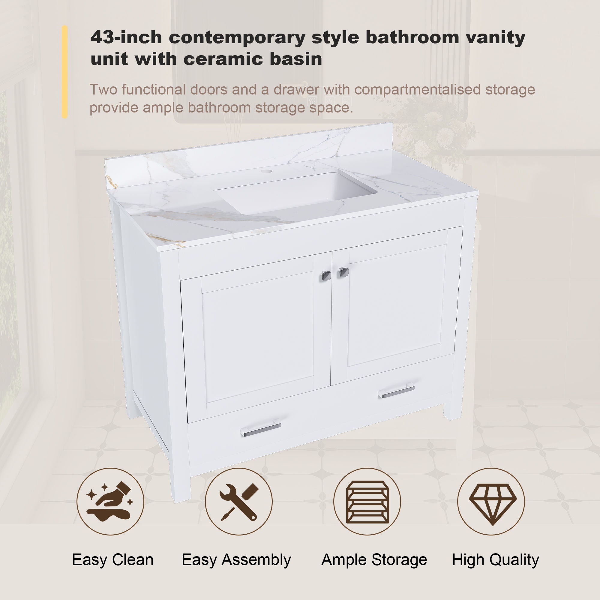 43" Bathroom Vanity, Multi Functional Cabinet, Doors And Drawer - White