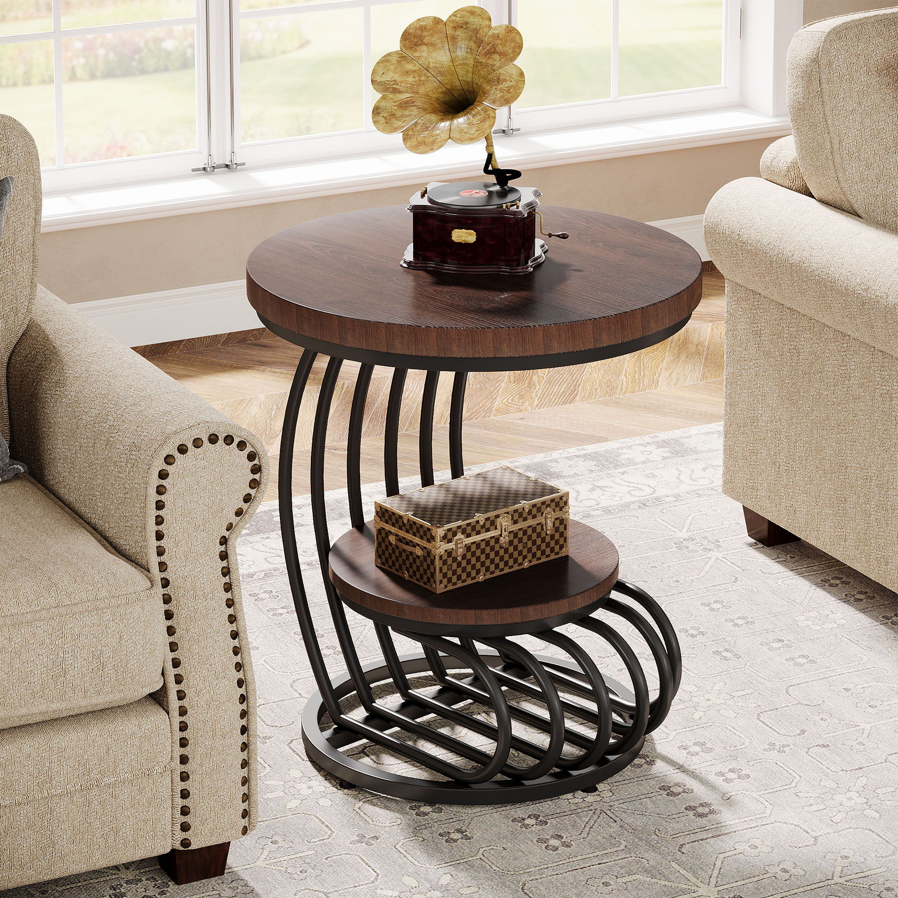 Round Vintage End Table With 2 Tier Storage