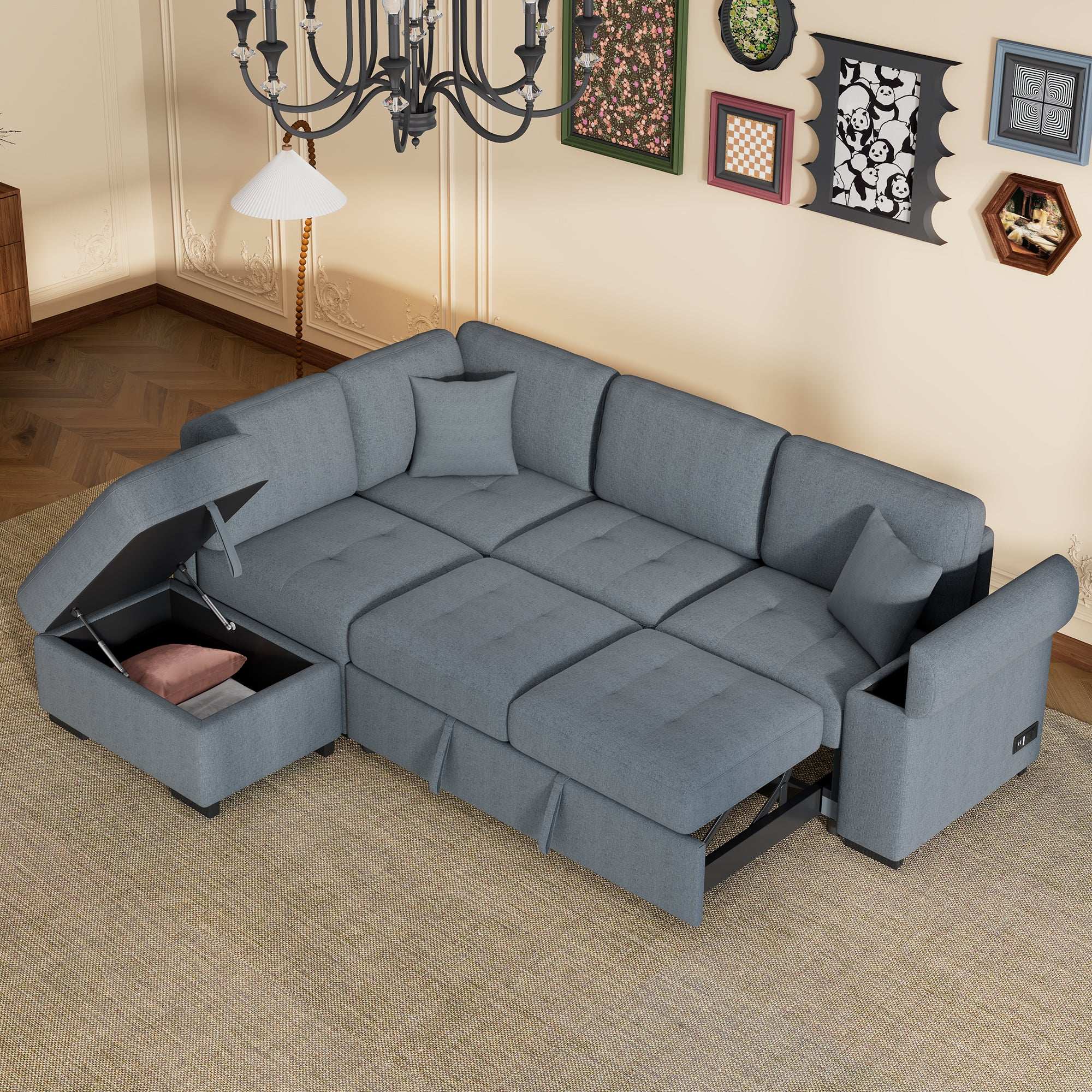 Sleeper Sectional Sofa, L-Shape Corner Couch Sofa-Bed with Storage Ottoman