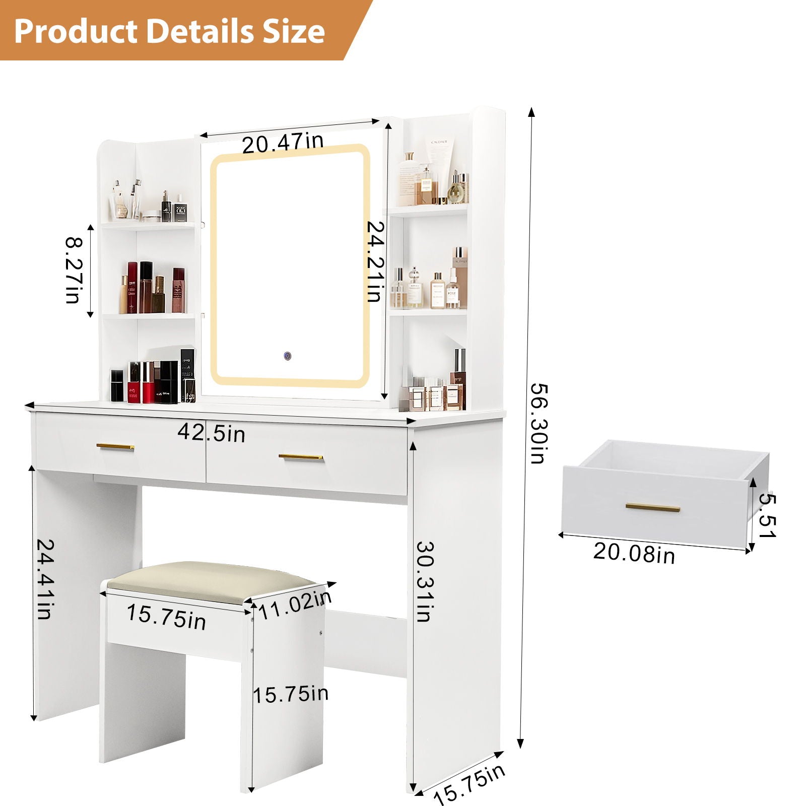 Vanity Desk With Mirror And LED Lights 3 Lighting Modes And Power Outlet 2 Spacious Drawers And Stool - White - Best Buy Furniture