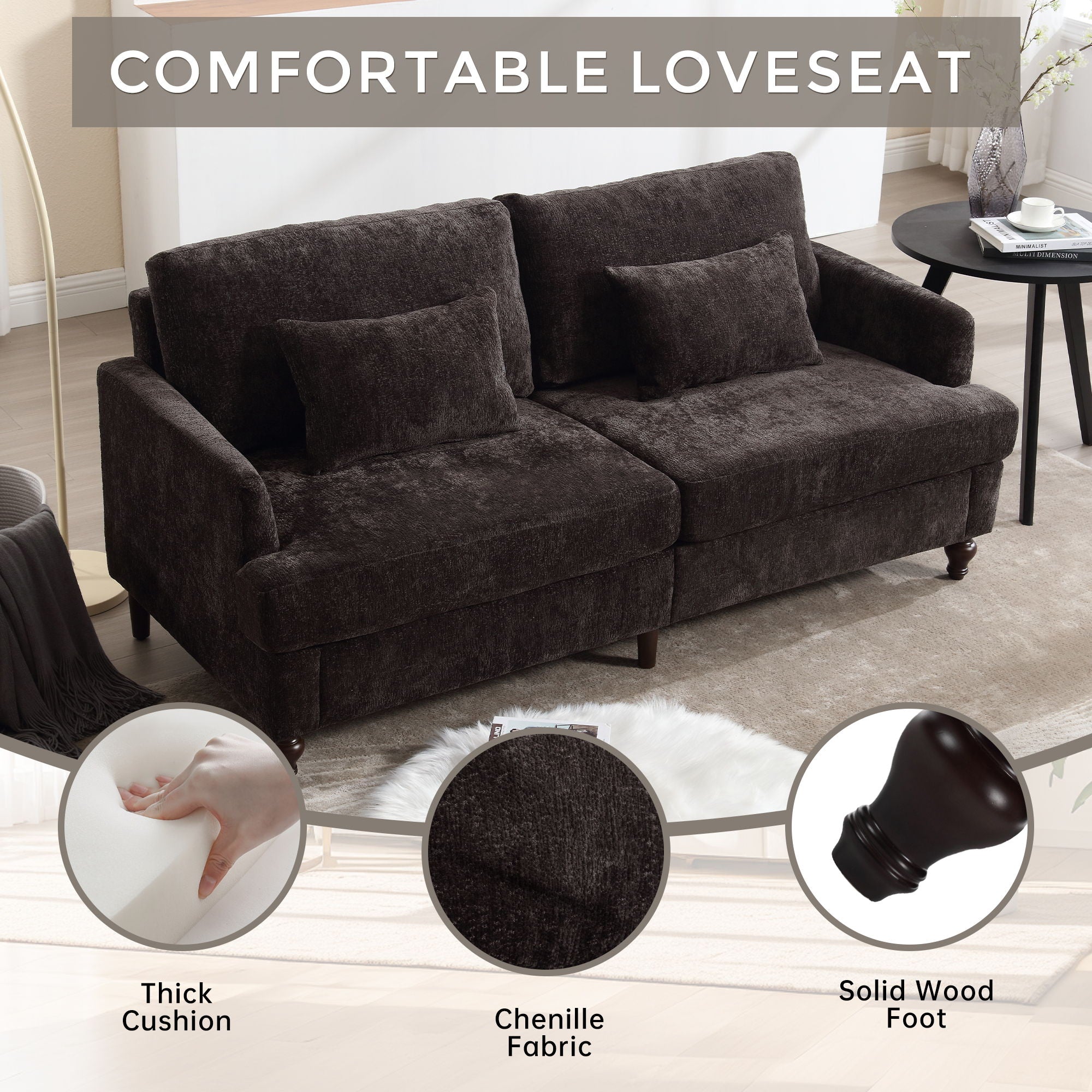Mid Century Modern Chenille Fabric Loveseat Sofa, 2 Seat Upholstered Couch