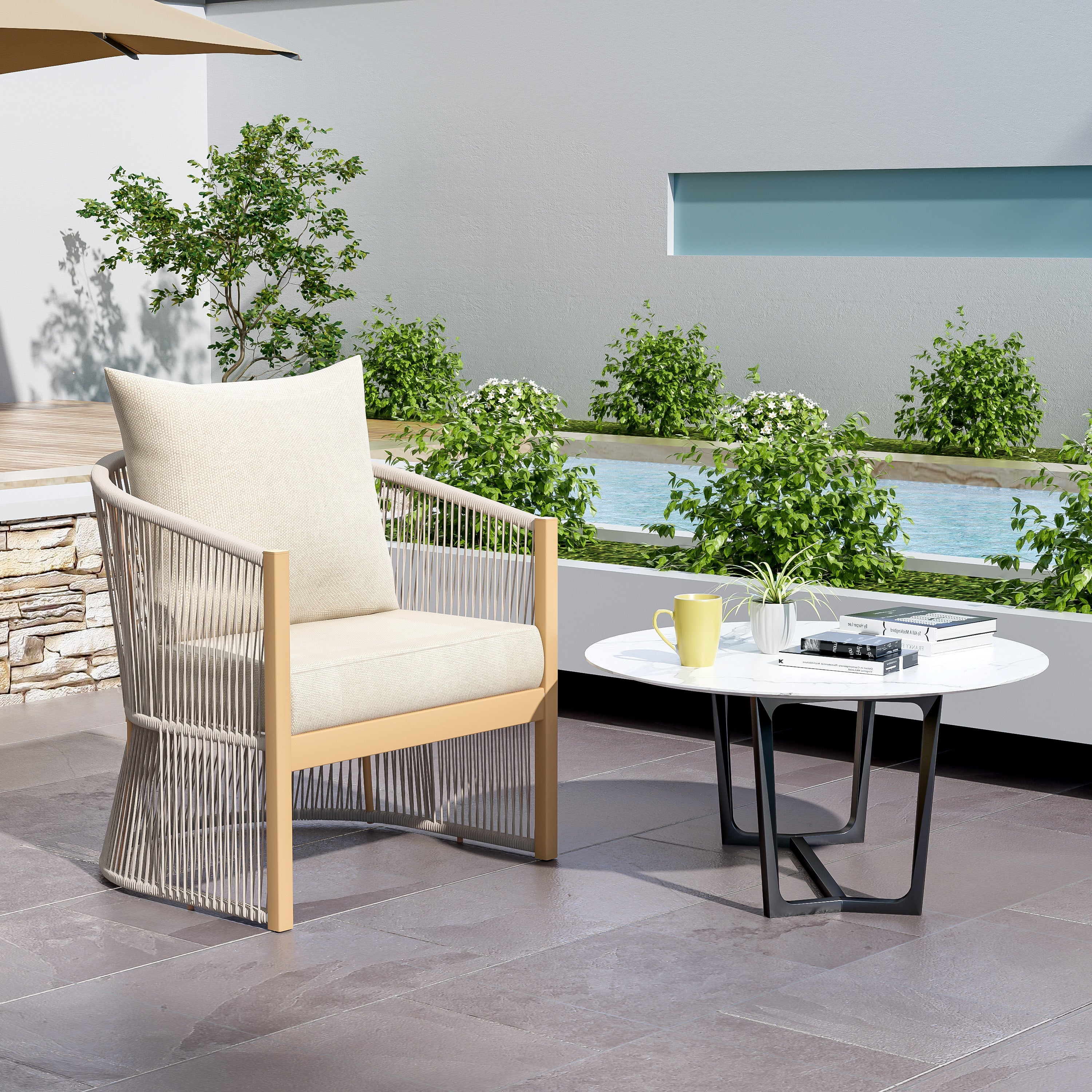 Modern Beige Curved Aluminum Lounge Chair with Stylish Rope-Weave Design and Cushioned Comfort, Perfect for Outdoor Living