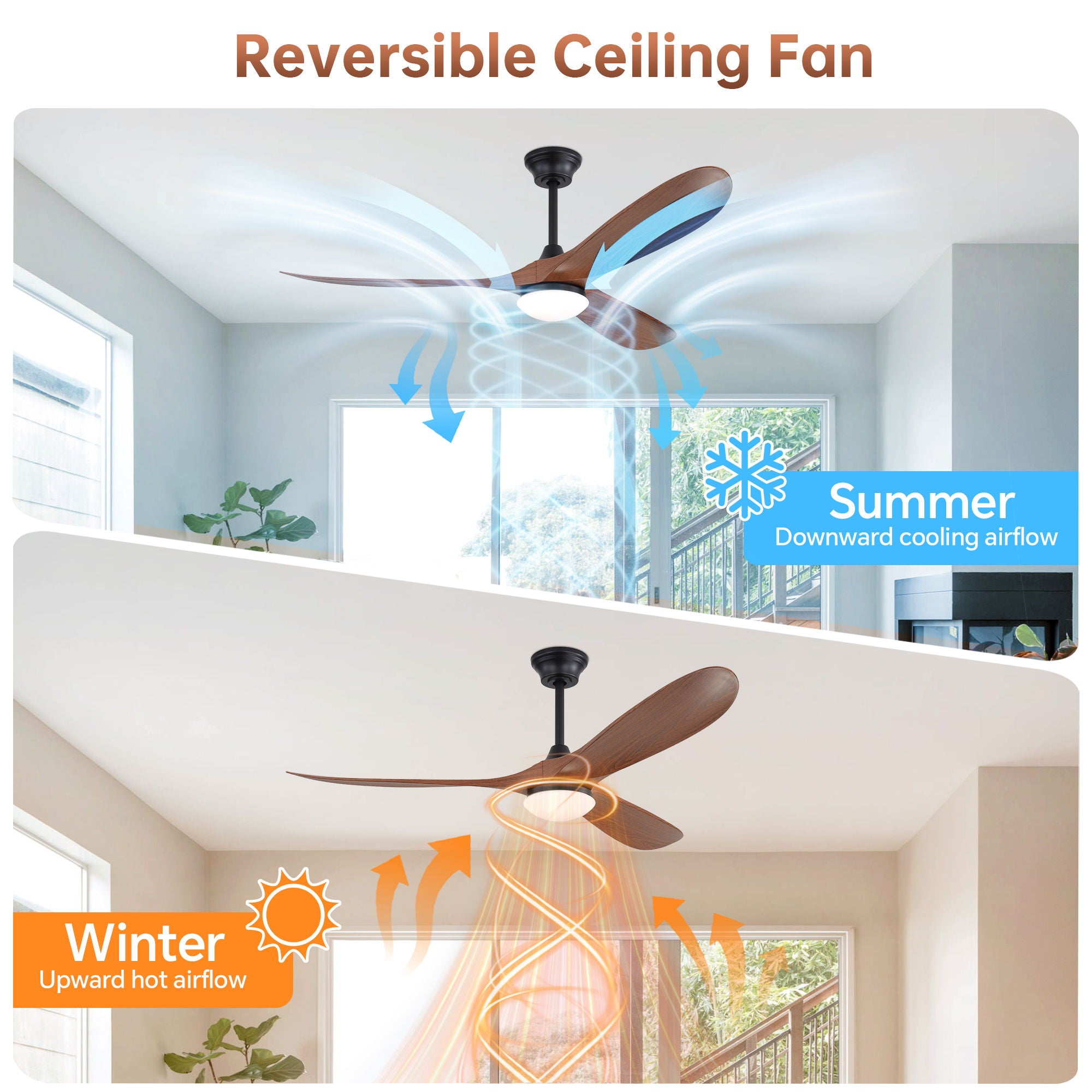 Smart Ceiling Fan With Lights, 3 Blades, Reversible Quiet DC Motor For Indoor