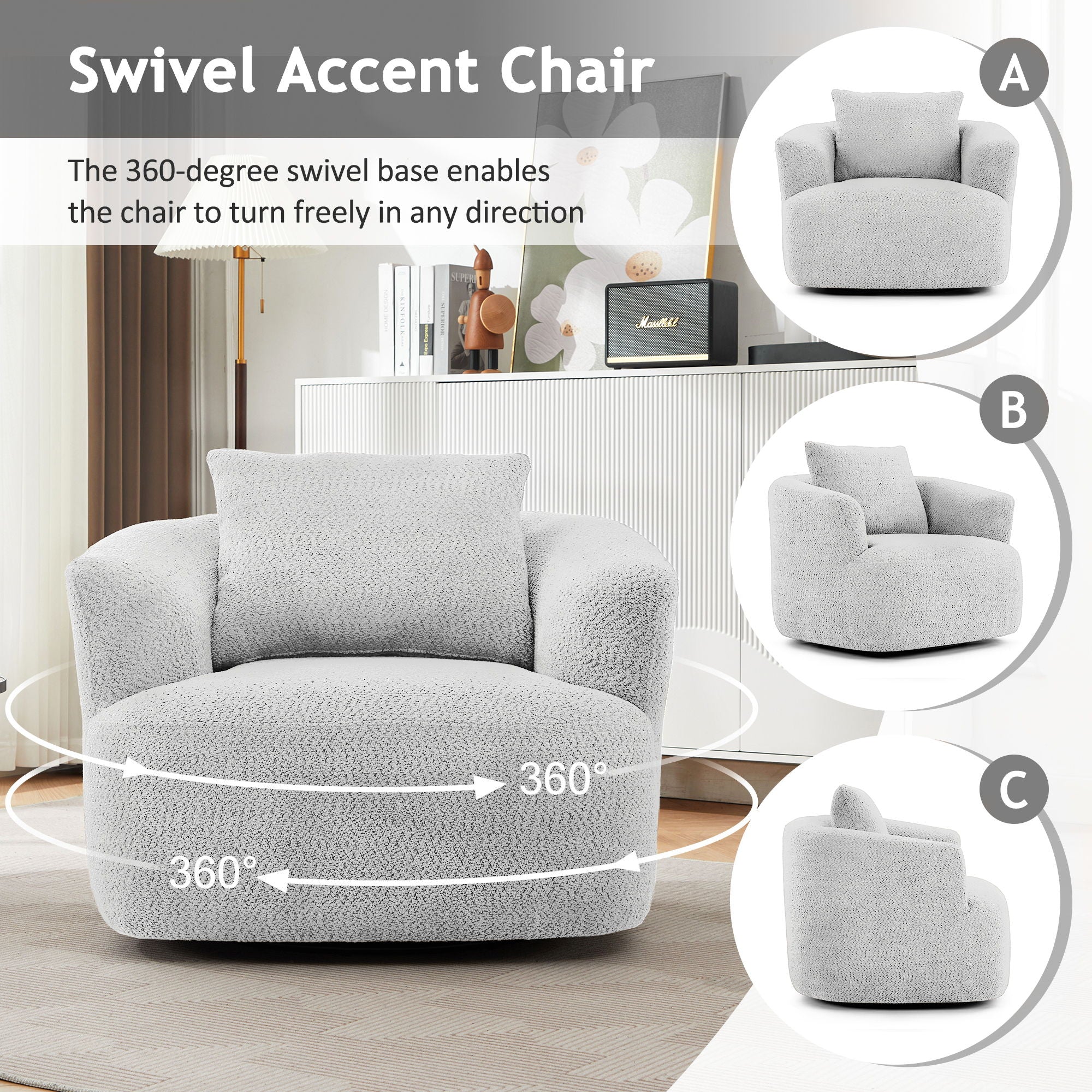 360° Swivel Barrel Sofa Chair With Throw Pillow, Chenille Upholstered Accent Chair