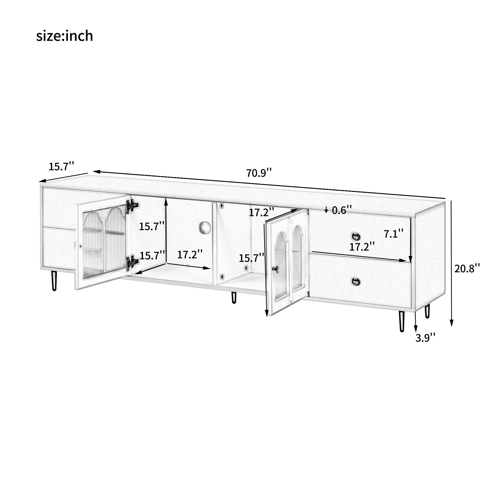 Modern TV Stand With Glass Door, 4 Drawers And 2 Cabinets