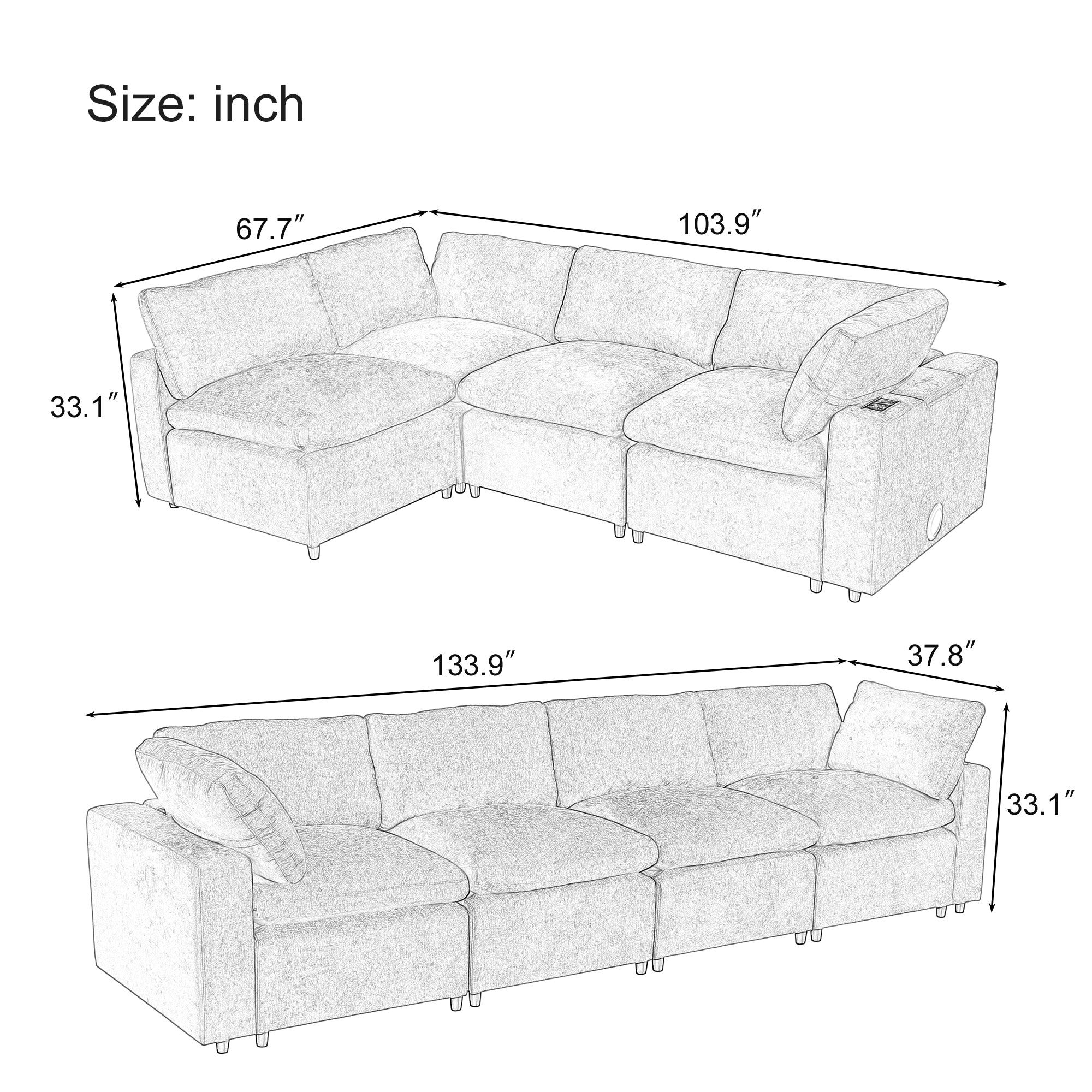U-Style Upholstered Modular Sofa with Storage and Built-in Tech