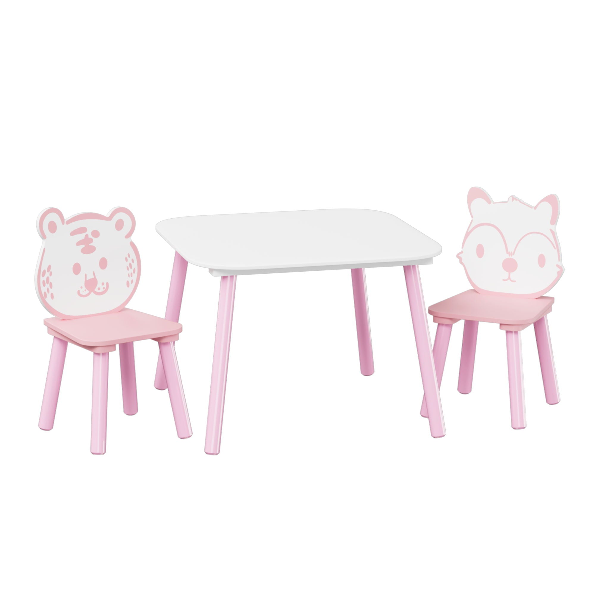 Table And Chair Set, 3 Piece Wooden Toddler Desk With Animal Backrest - Pink / White