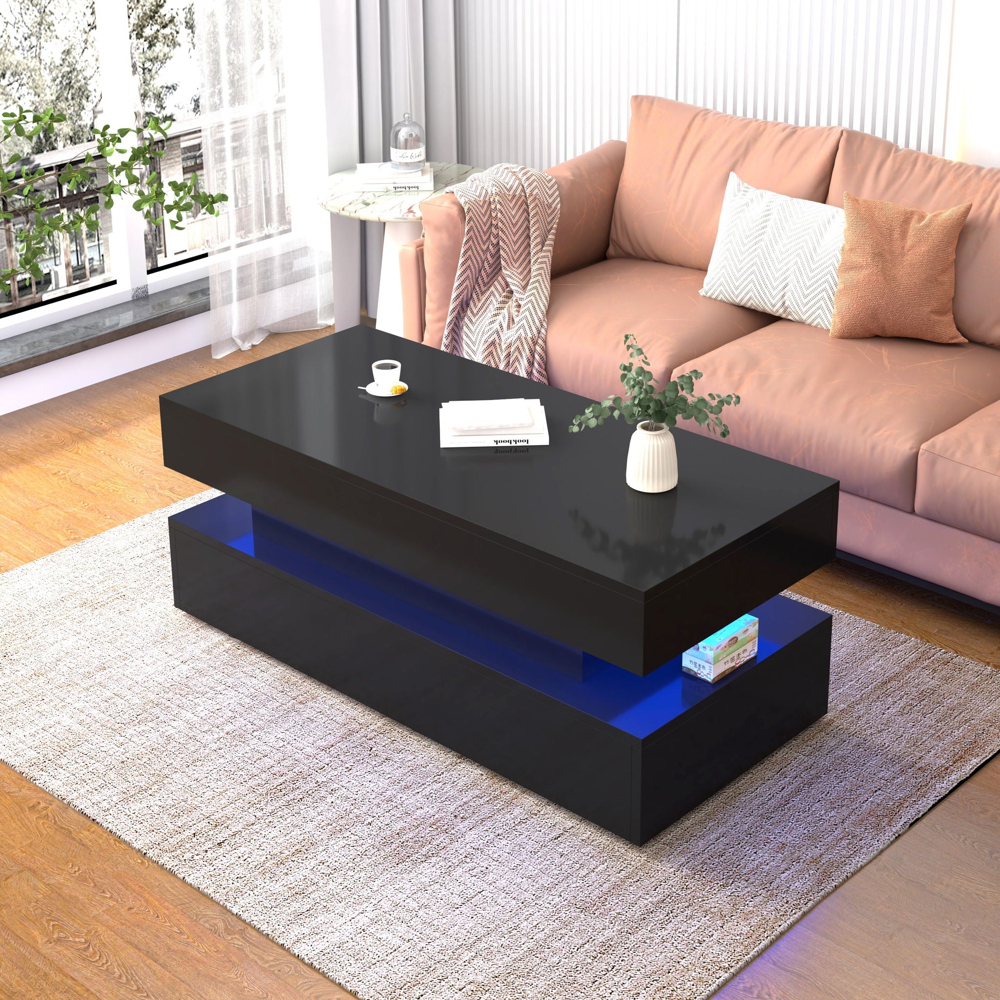 Contemporary Foldable Coffee Table With Drawers And LED, 3 Tier Design