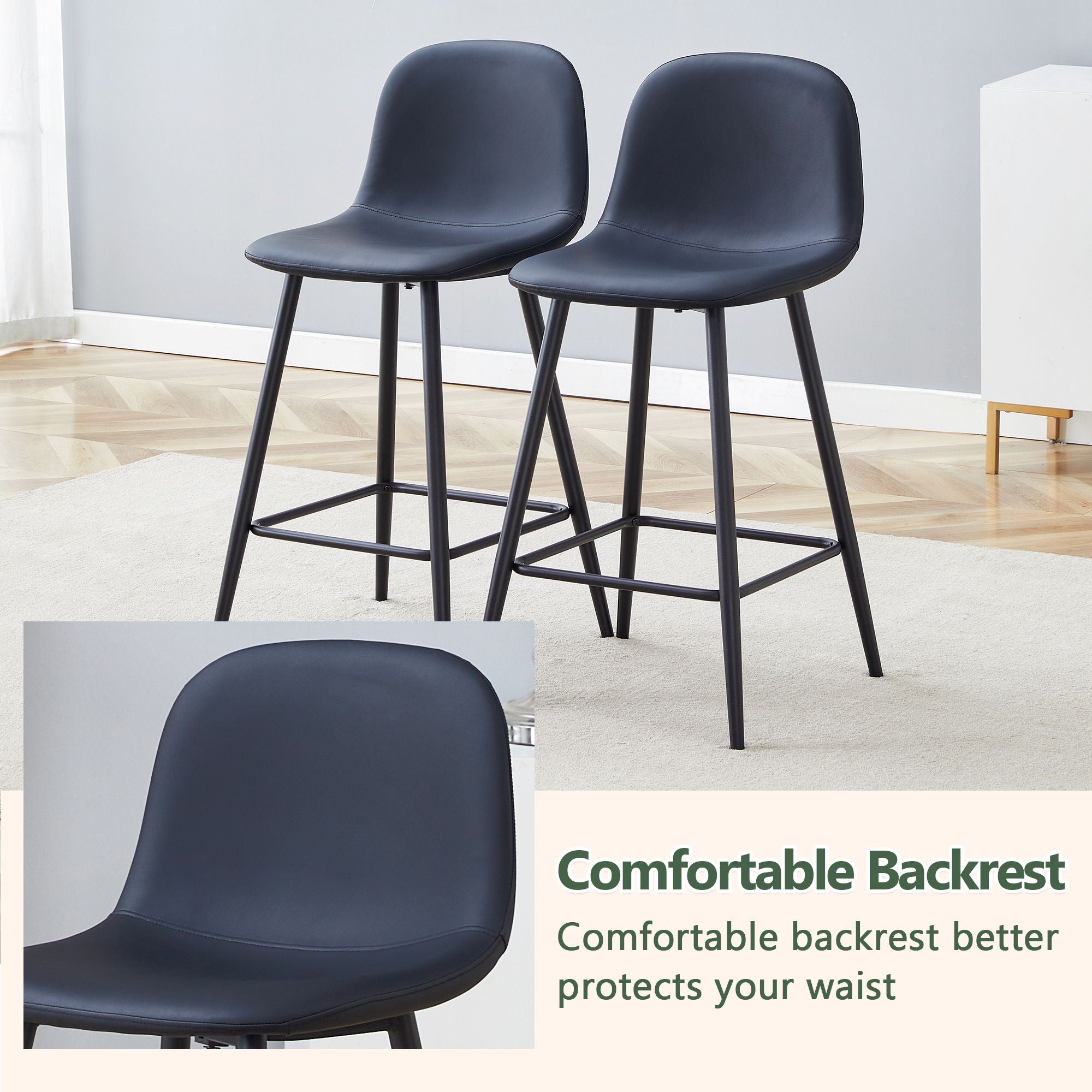 Modern Black Pu Bar Chair Rounded Backrest (Set of 2)