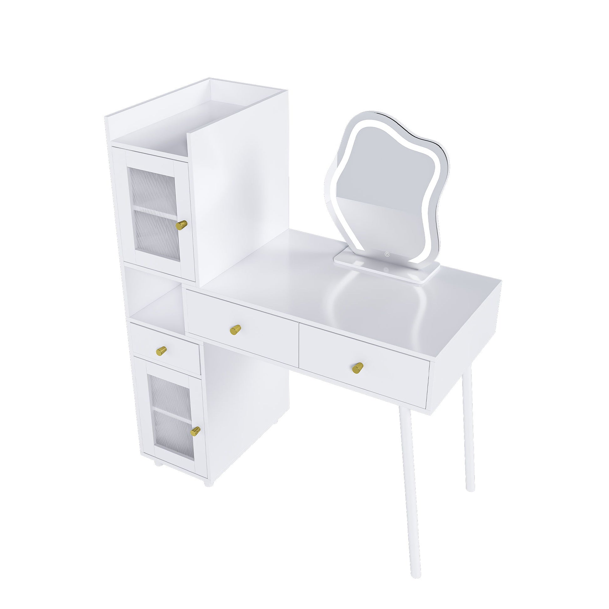 Vanity Dressing Table With LED Mirror & Storage Makeup Desk With 3 Drawers, 2 Open Shelves & 4 Hidden Cabinets - White - Best Buy Furniture
