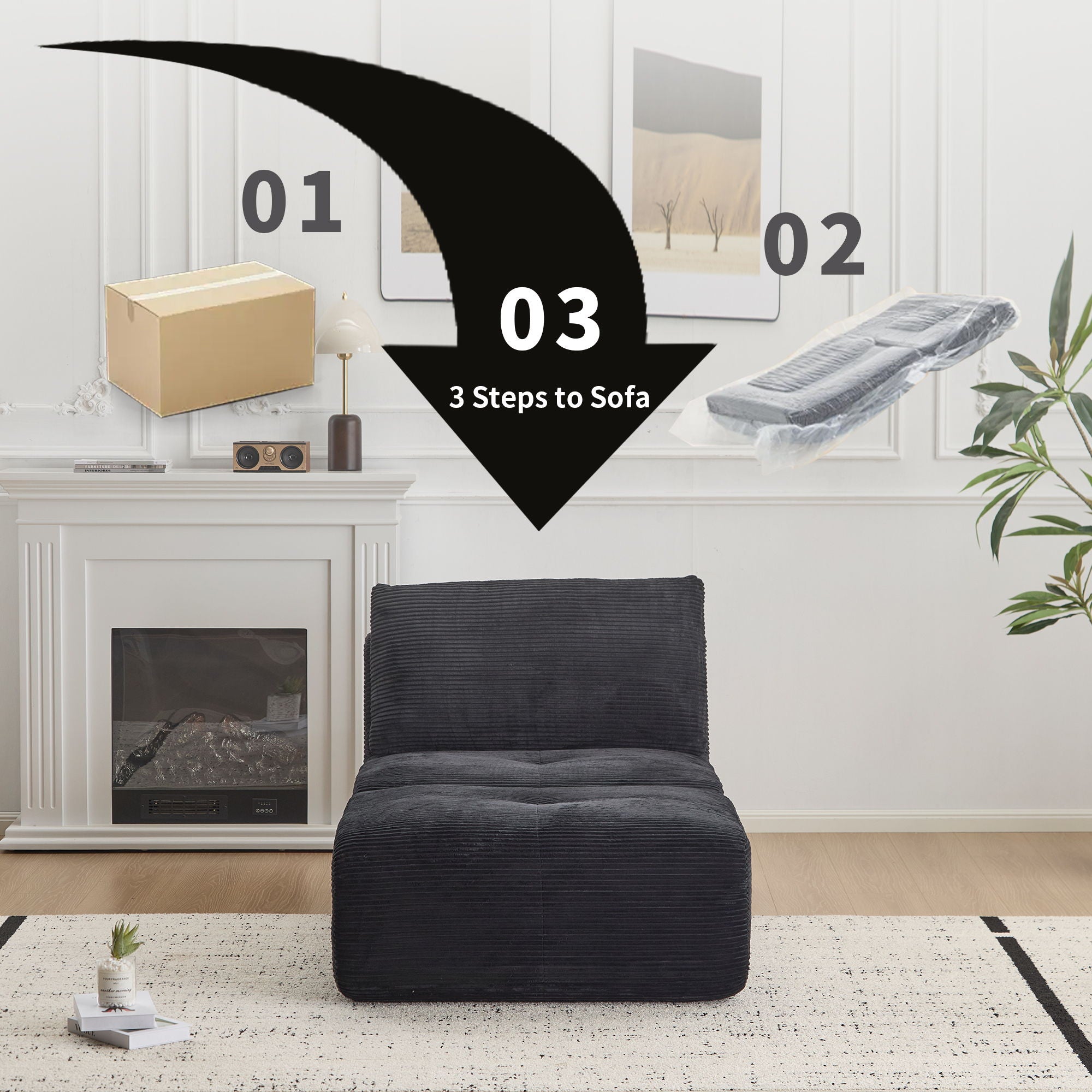 Compressed Sofa, Single Chaise Longue, Movable Ottoman For Living Room - Black