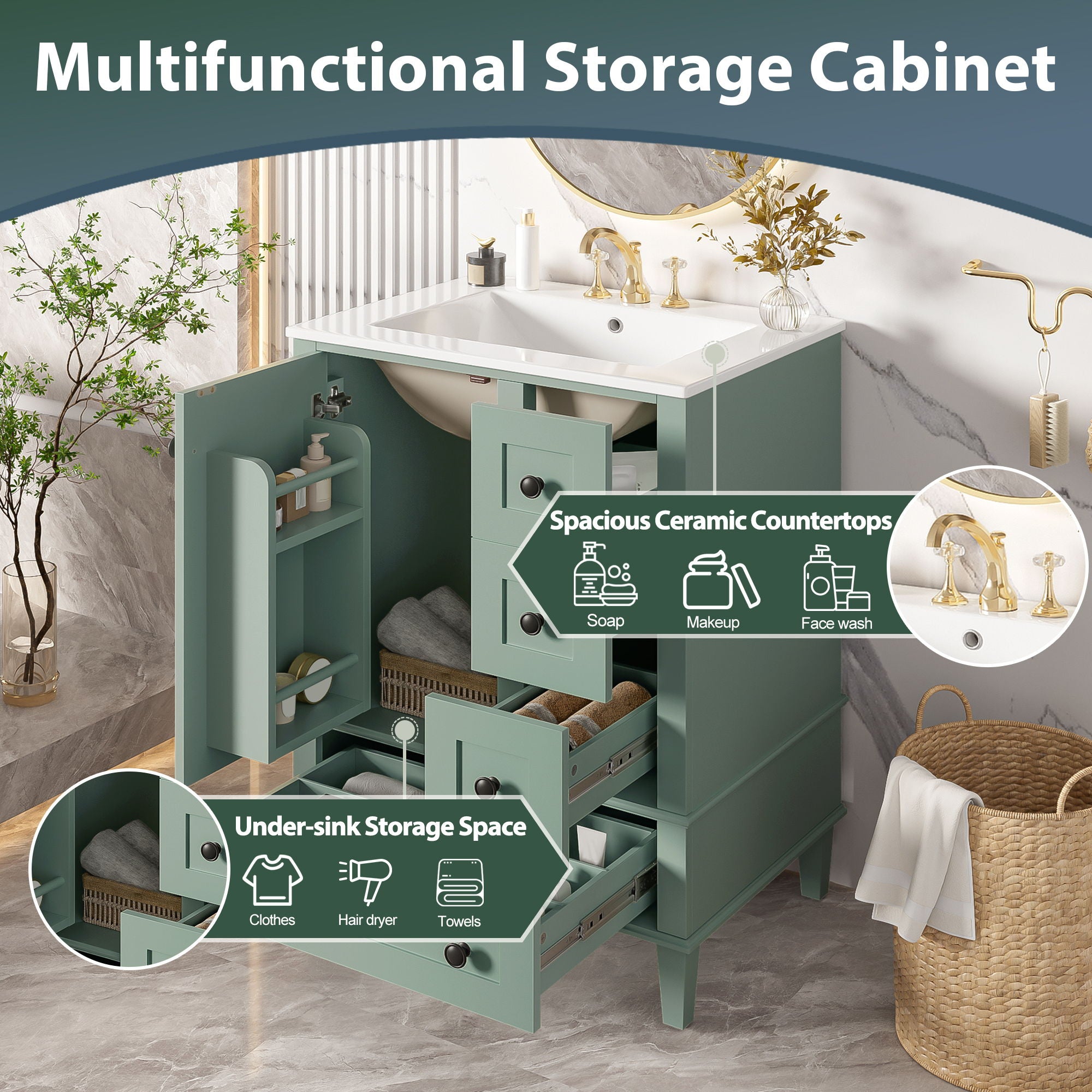 Bathroom Vanity With Integrated Basin, Soft Close Drawers, Door Mounted Double Layer Shelf