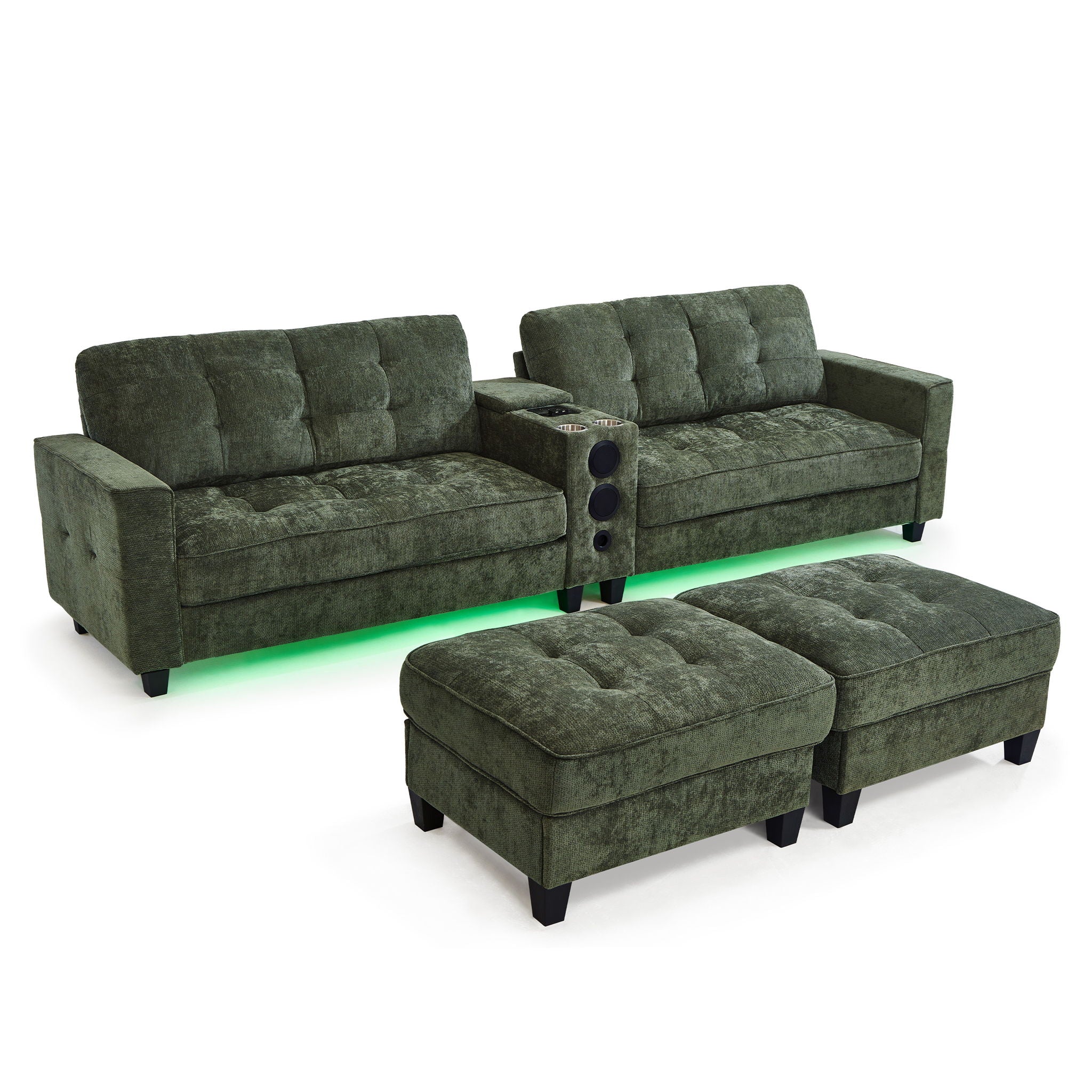 Modern Sectional Sofa U-Shaped With Movable Ottomans, Bluetooth Speakers, LED Lights And Modular Storage