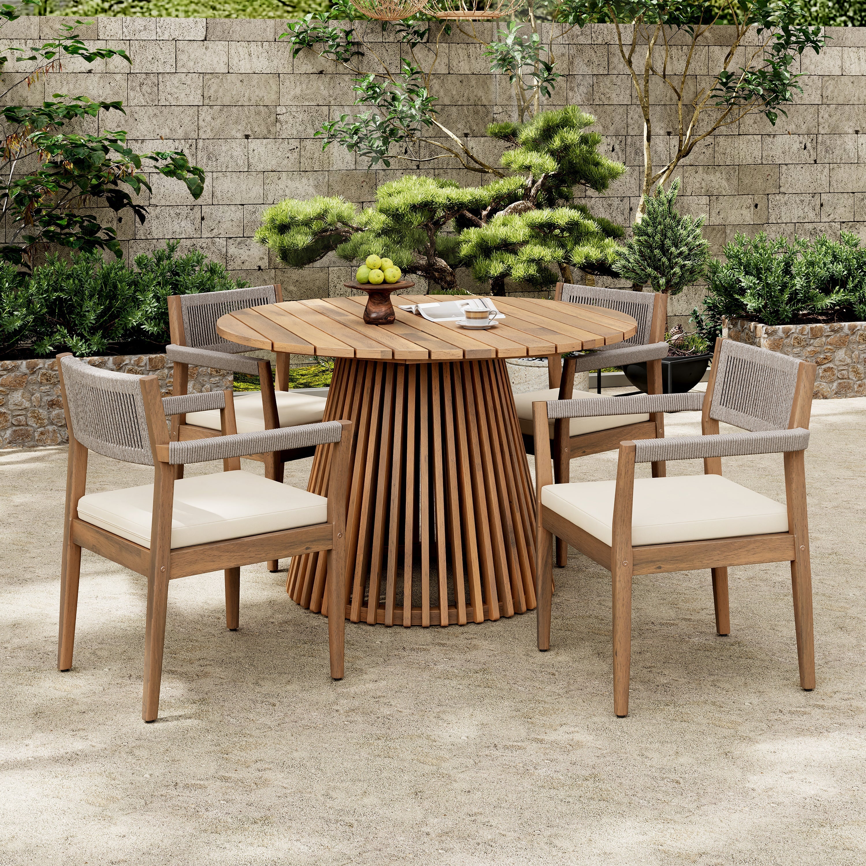 Patio Set Outdoor Acacia Wood Furniture Sets - Braided Dining Chairs and Patio Dining Table