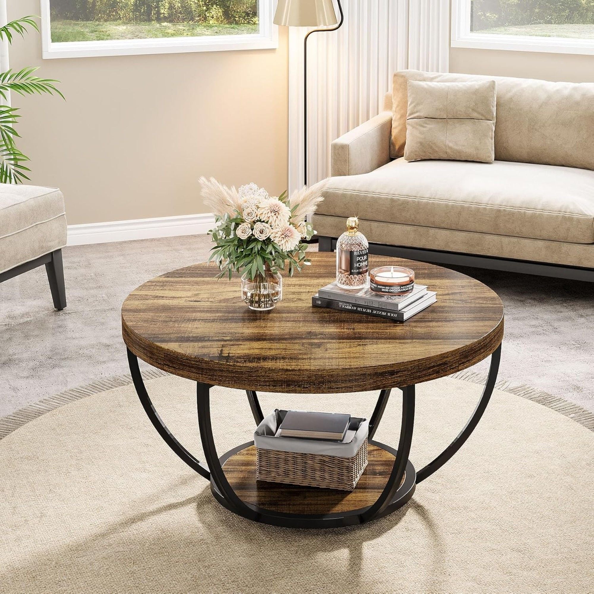 2 Tier Circle Coffee Table With Storage Shelves