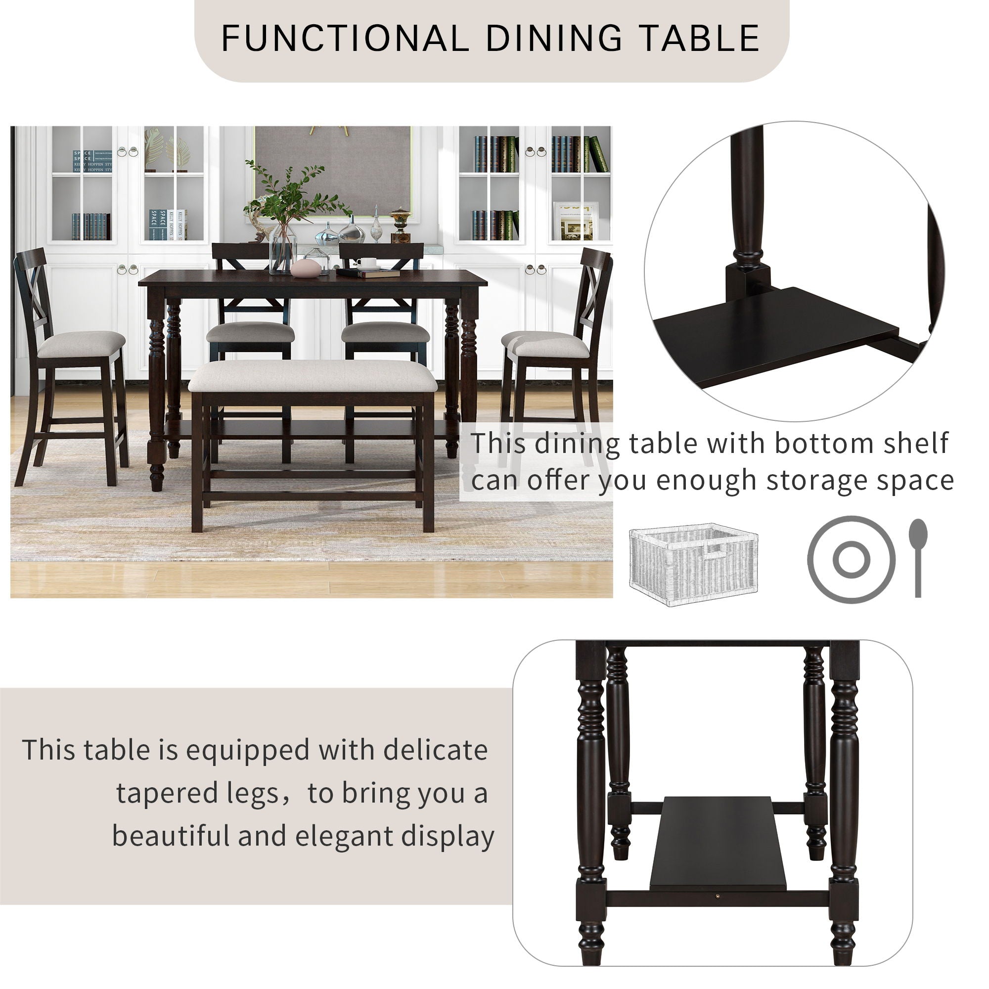 6 Piece Counter Height Dining Table Set With Shelf, 4 Chairs And Bench
