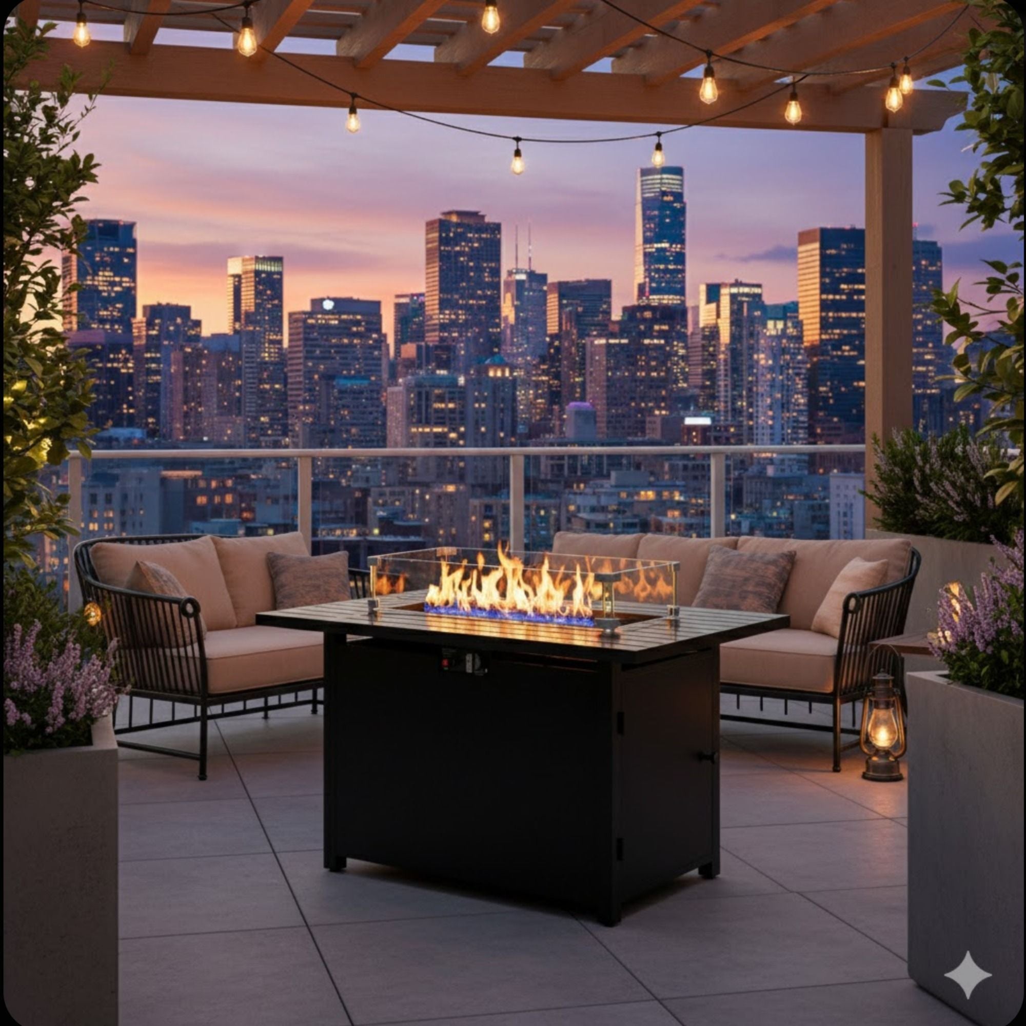 Outdoor 2 In 1 Gas Fire Pit Table With Lid & Glass Shield, Stainless Burner, Lava Rock, Rectangular Design - Black