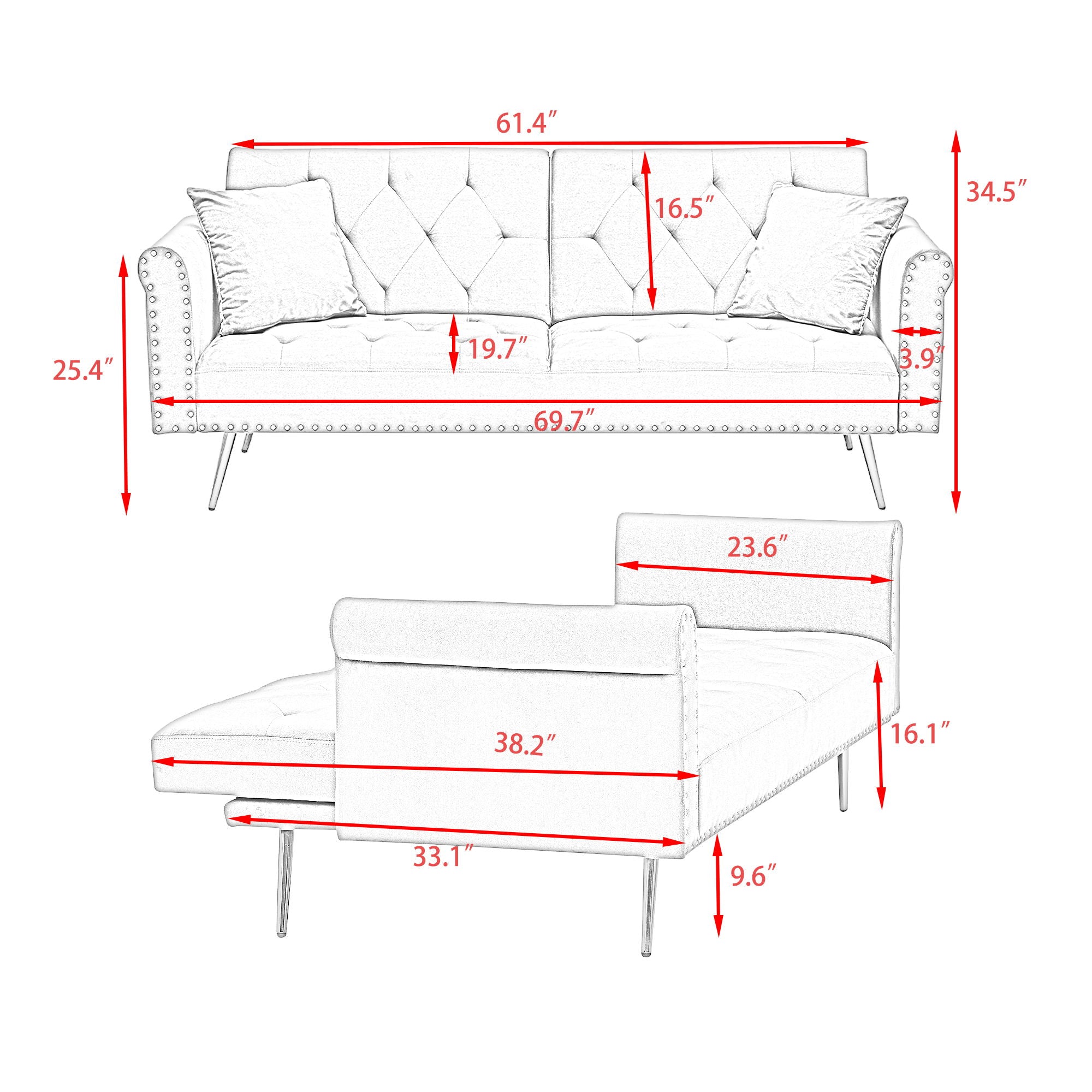 Luxurious Velvet Sofa Bed With Nail Head Trim And Matching Pillow
