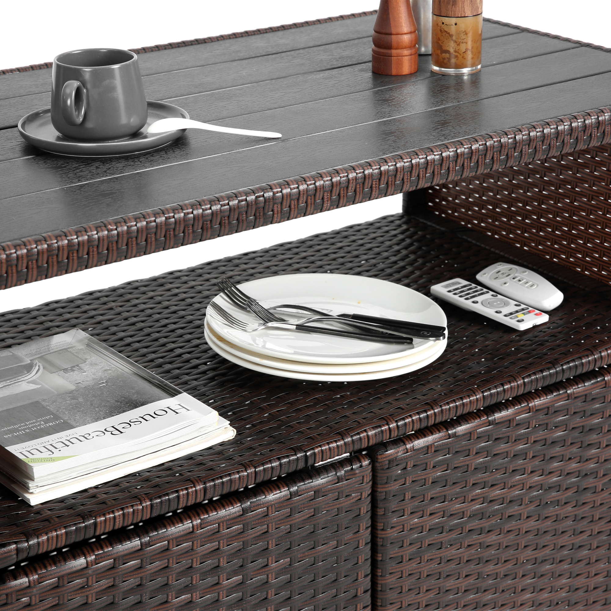 Outdoor Wicker Bar Cart with Glass Top and Wheels - Light Brown