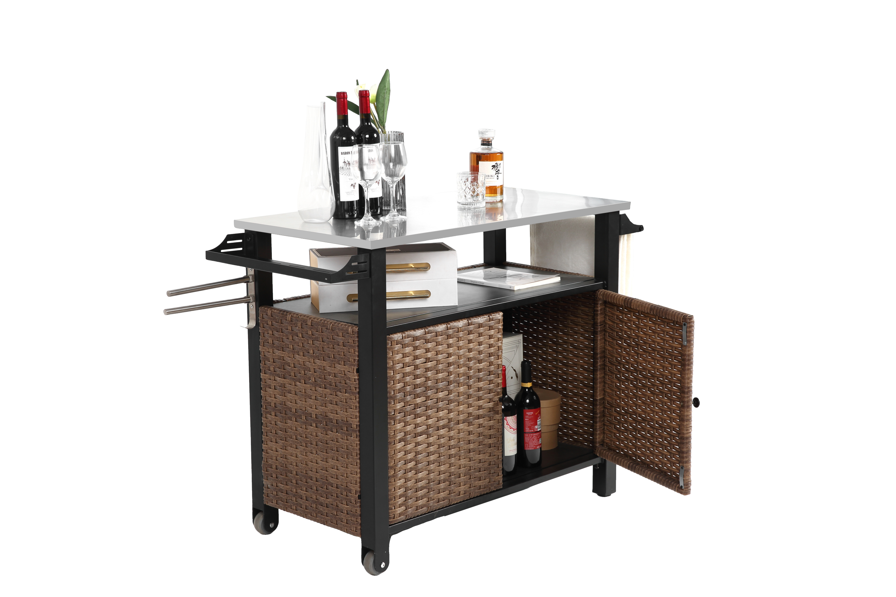 Outdoor Kitchen Wicker Island Rolling Cart & Storage Cabinet Brown