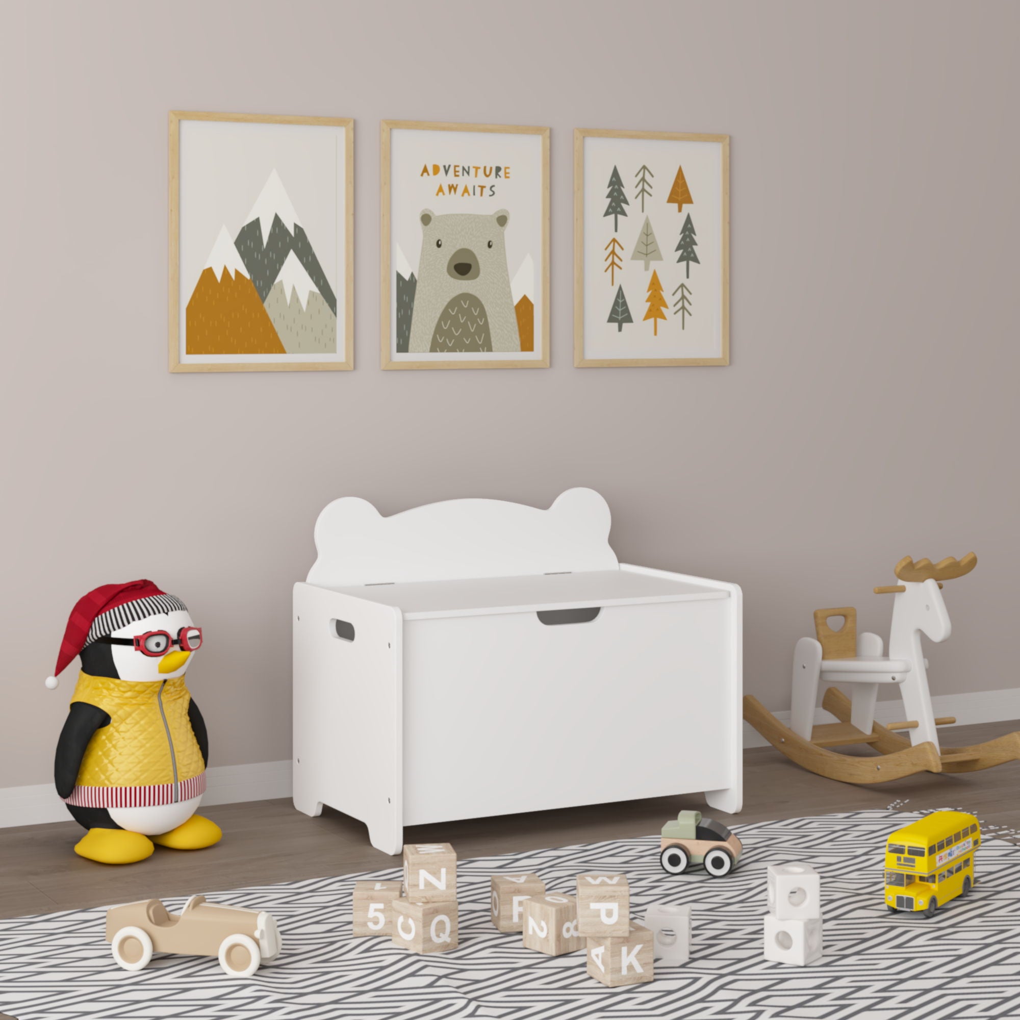 Toy Box With Bear Headboard, Organizer Storage Chest - White
